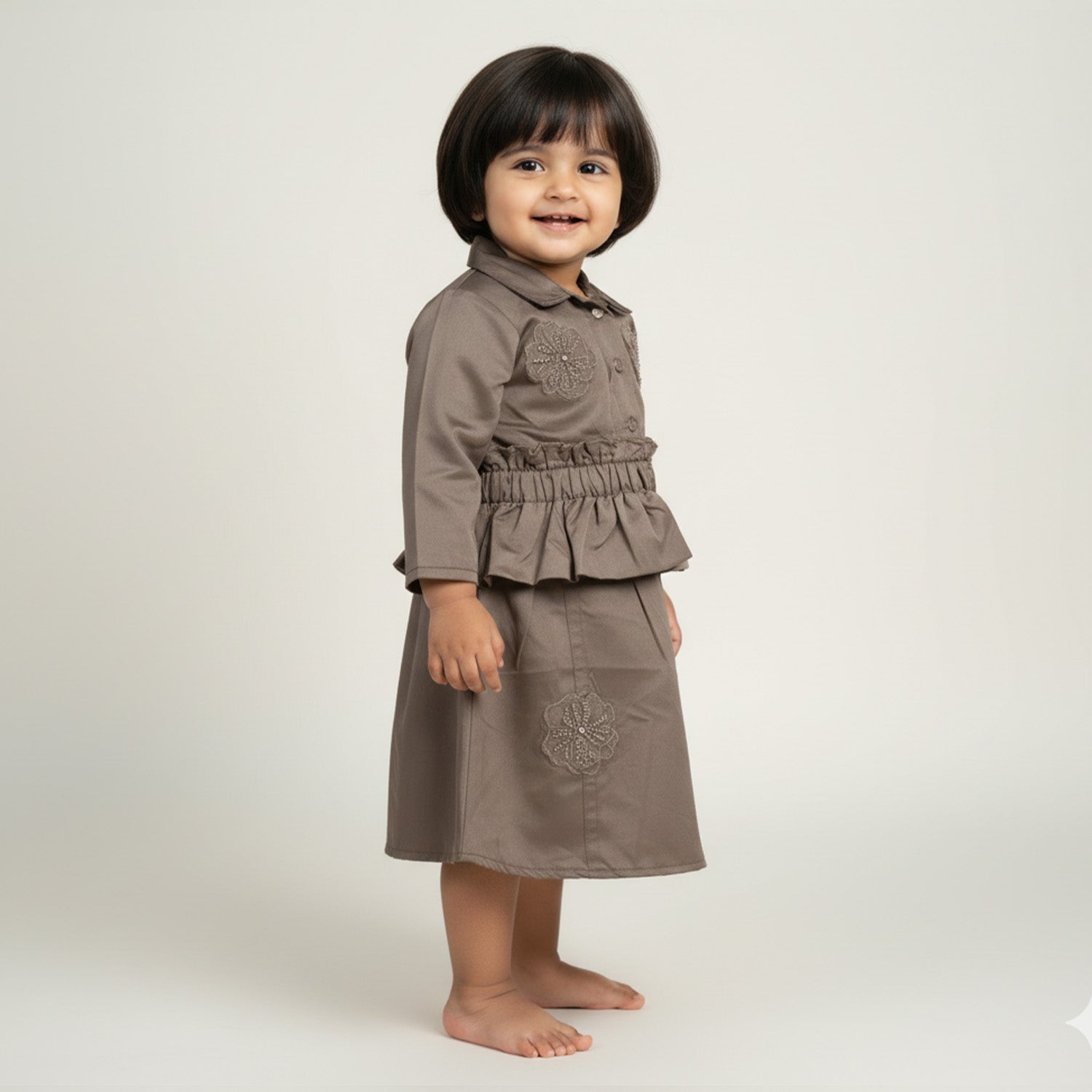 Baby Moo Woven 3/4th Sleeves Solid Coloured Peplum Dress - Brown