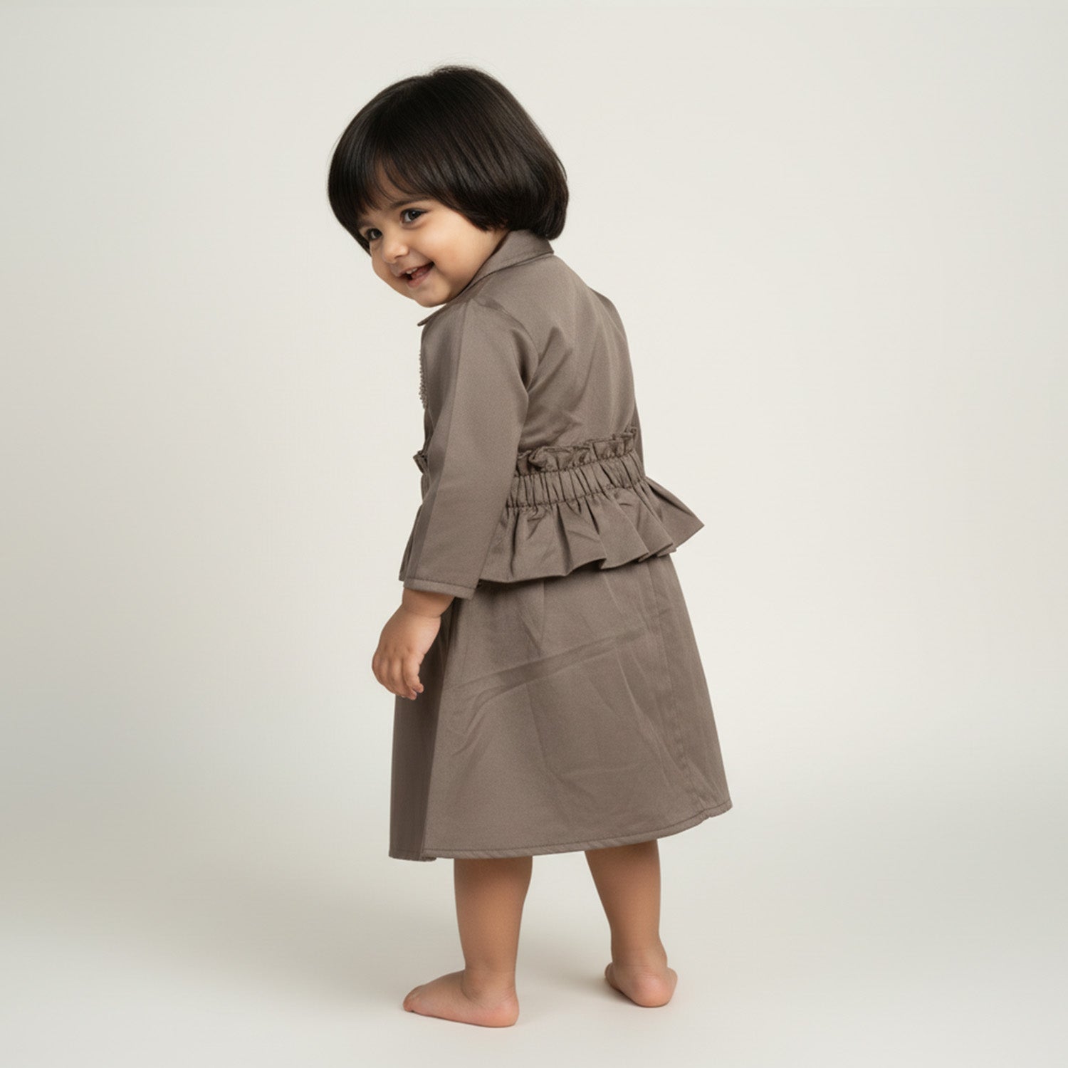 Baby Moo Woven 3/4th Sleeves Solid Coloured Peplum Dress - Brown
