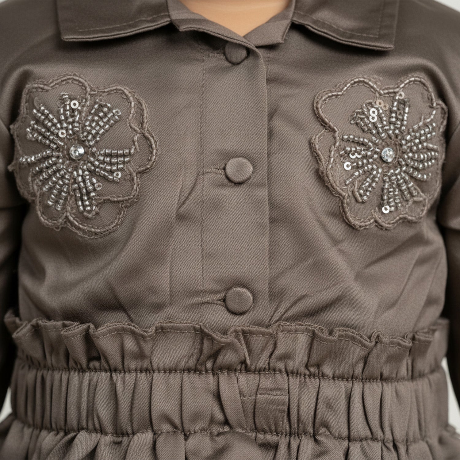 Baby Moo Woven 3/4th Sleeves Solid Coloured Peplum Dress - Brown