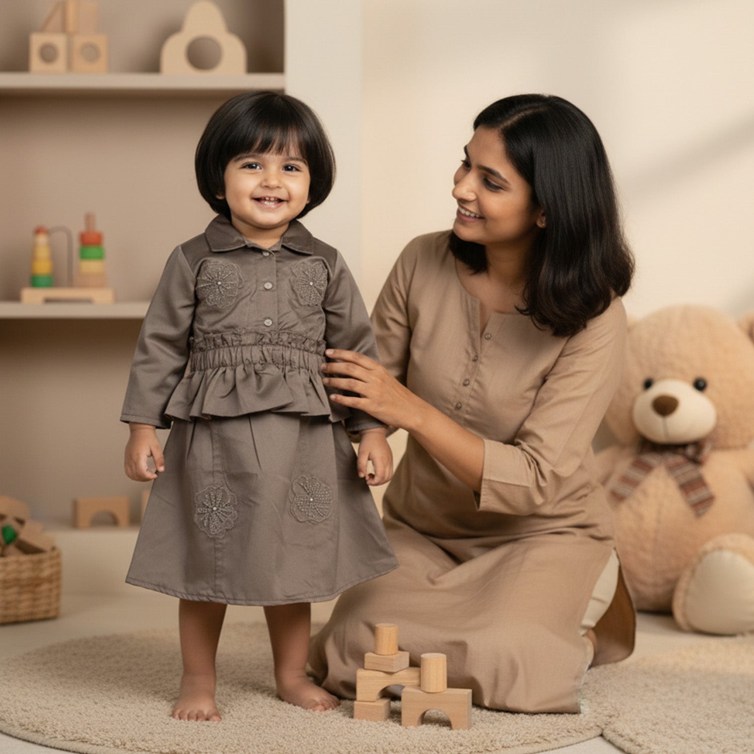 Baby Moo Woven 3/4th Sleeves Solid Coloured Peplum Dress - Brown