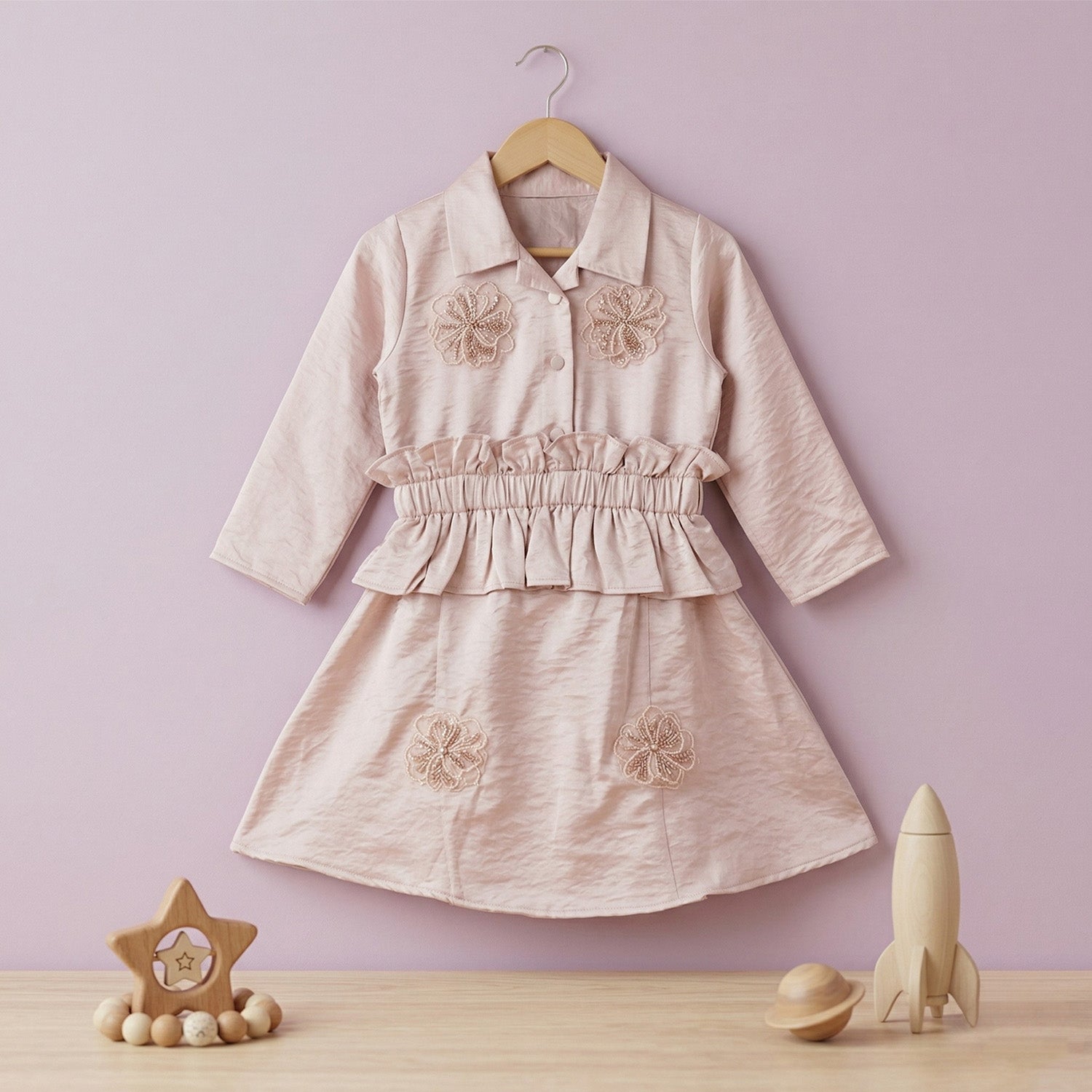 Baby Moo Woven 3/4th Sleeves Solid Coloured Peplum Dress - Light Pink