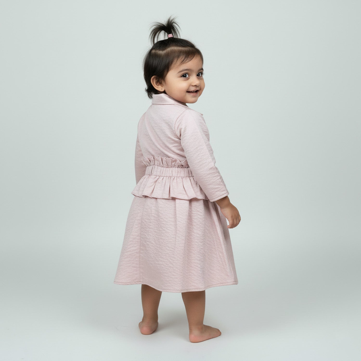 Baby Moo Woven 3/4th Sleeves Solid Coloured Peplum Dress - Light Pink