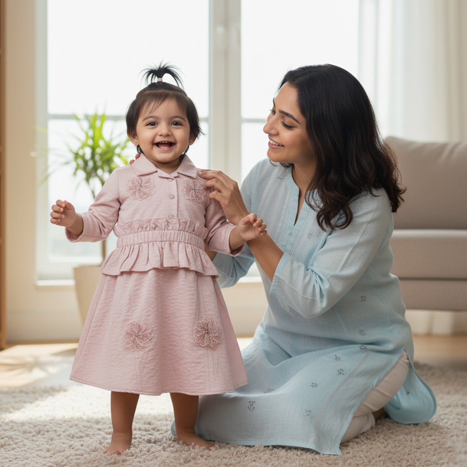 Baby Moo Woven 3/4th Sleeves Solid Coloured Peplum Dress - Light Pink
