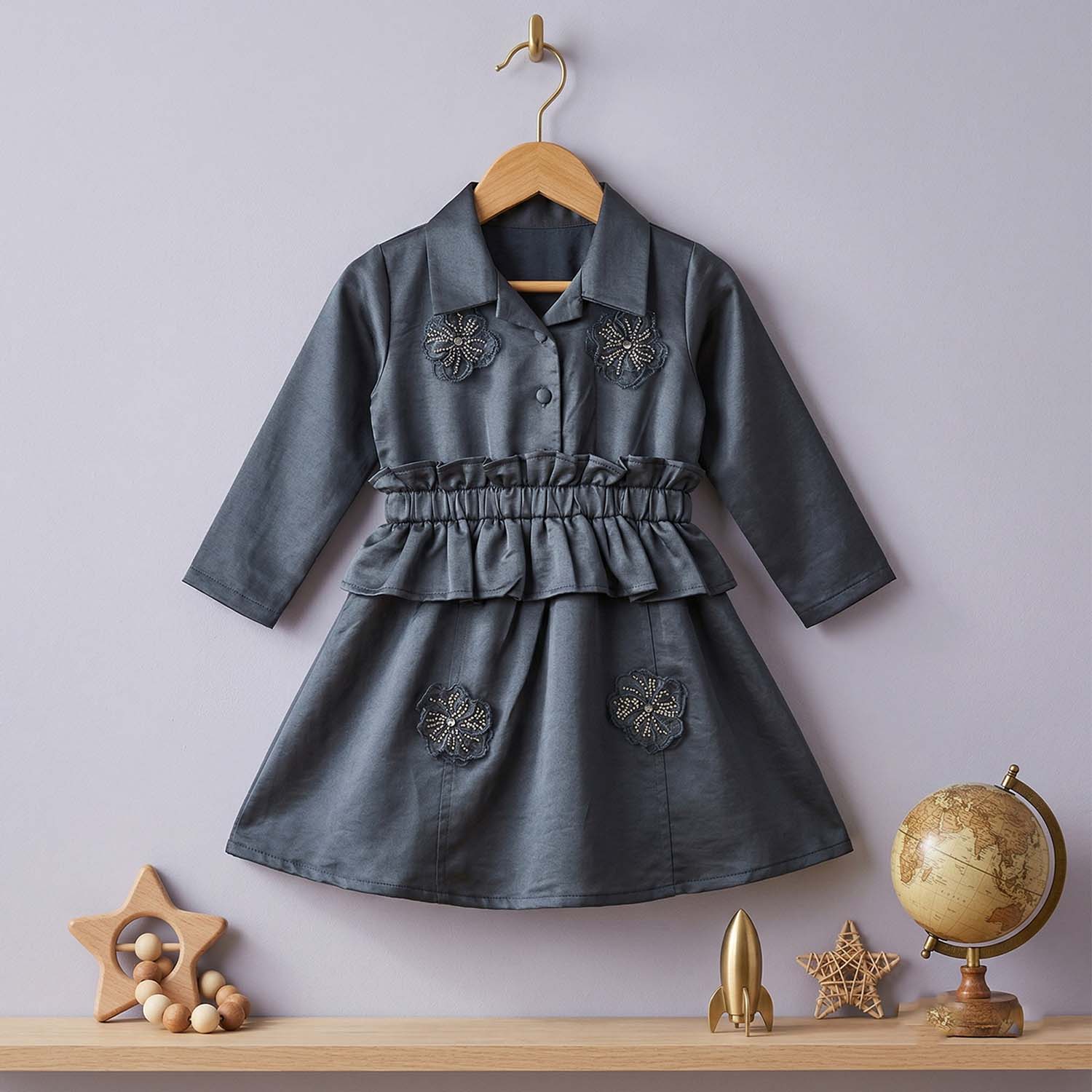 Baby Moo Woven 3/4th Sleeves Solid Coloured Peplum Dress - Navy Blue