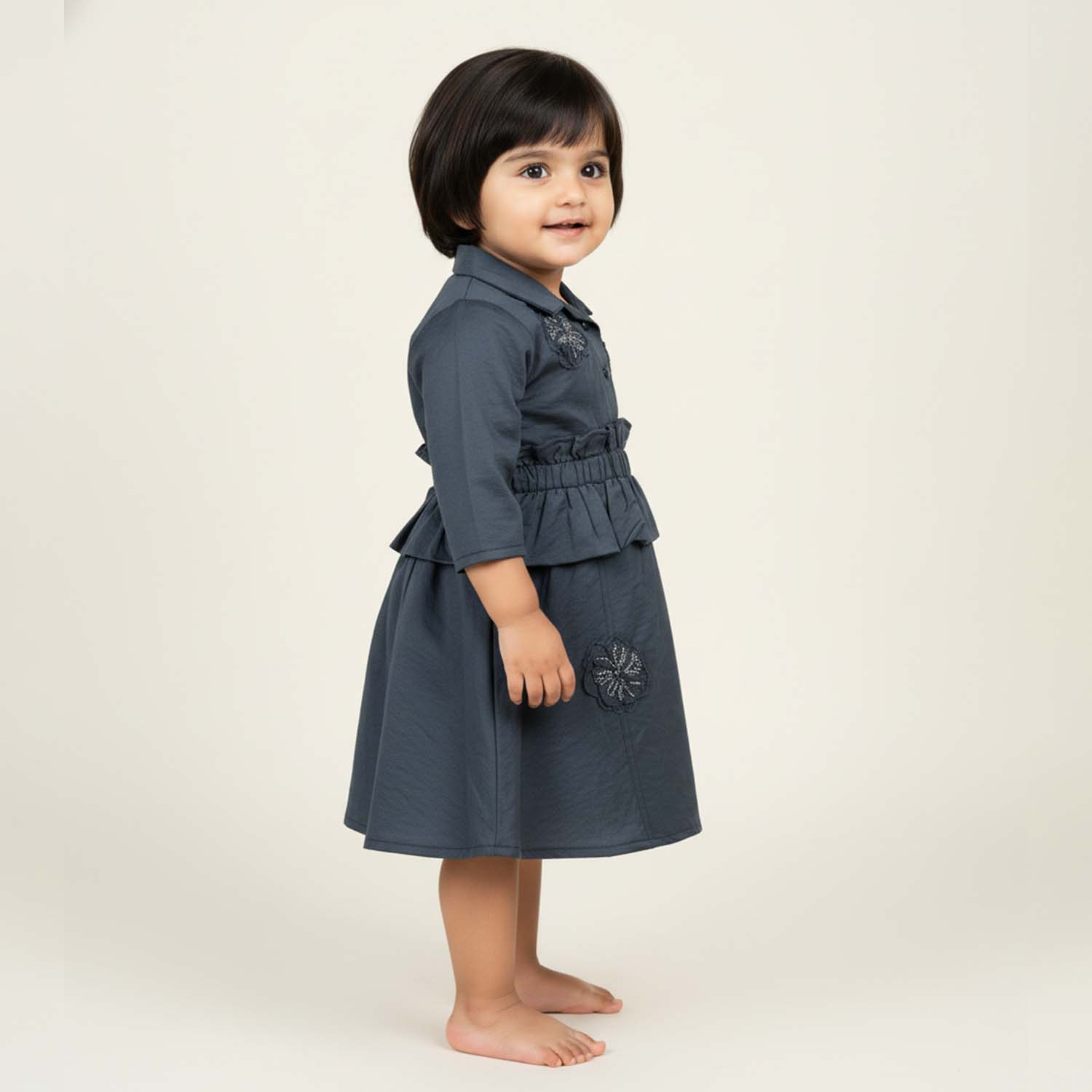 Baby Moo Woven 3/4th Sleeves Solid Coloured Peplum Dress - Navy Blue