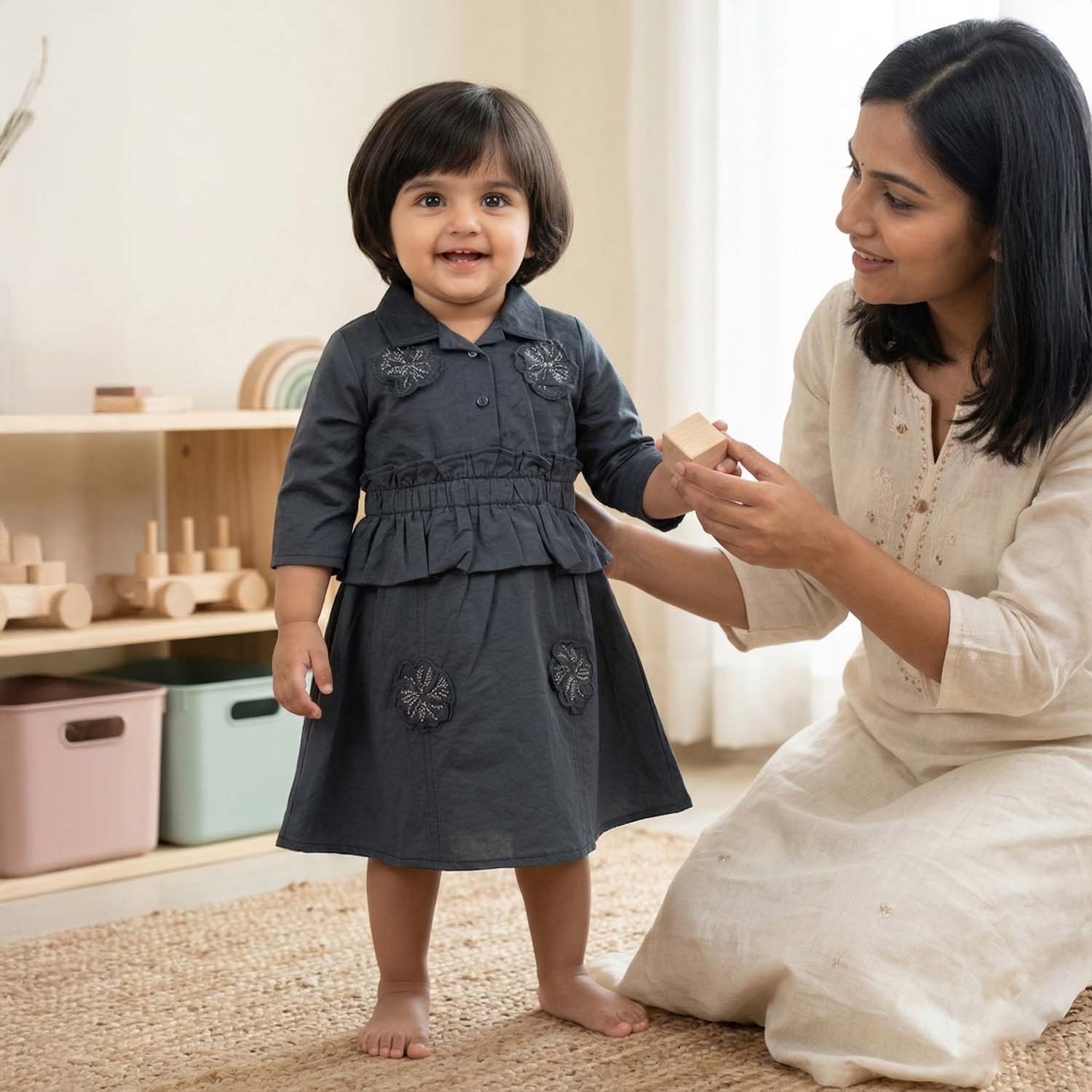 Baby Moo Woven 3/4th Sleeves Solid Coloured Peplum Dress - Navy Blue