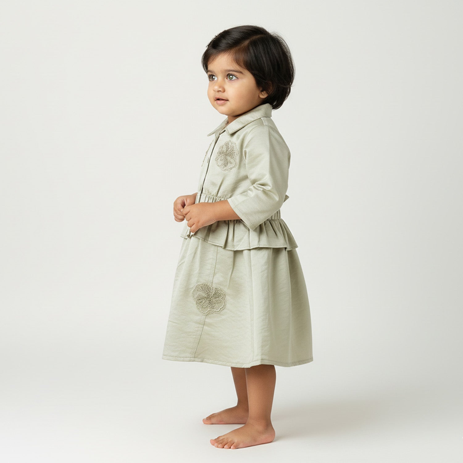 Baby Moo Woven 3/4th Sleeves Solid Coloured Peplum Dress - Sage Green