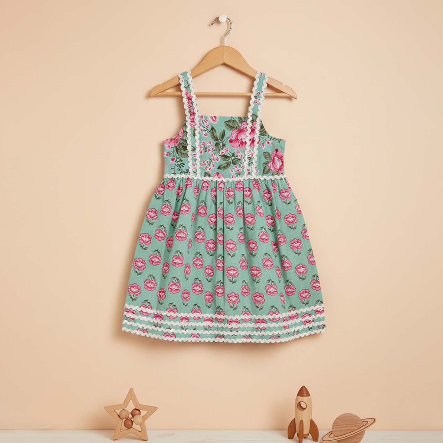 Baby Moo Poppy Print Cotton Ethnic Dress - Sea Green