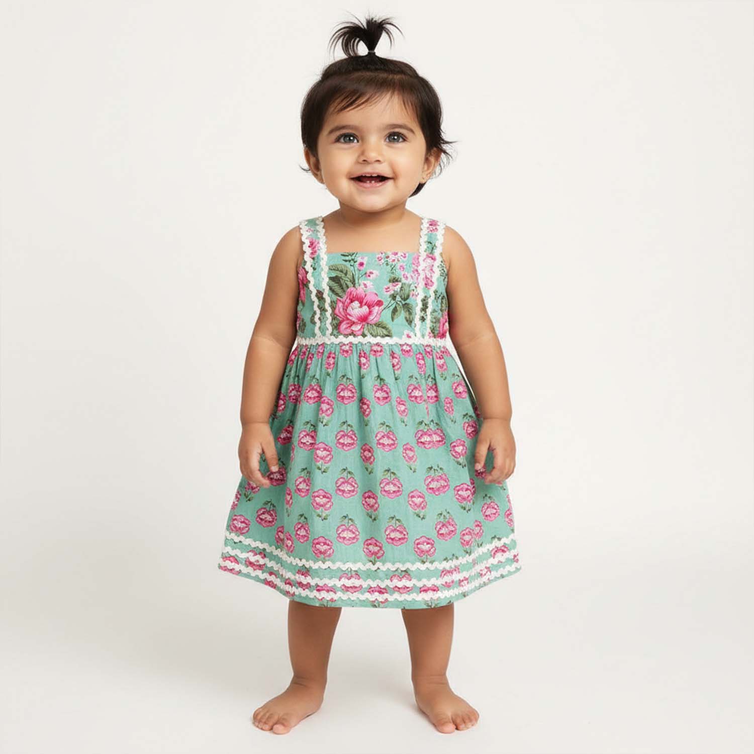 Baby Moo Poppy Print Cotton Ethnic Dress - Sea Green