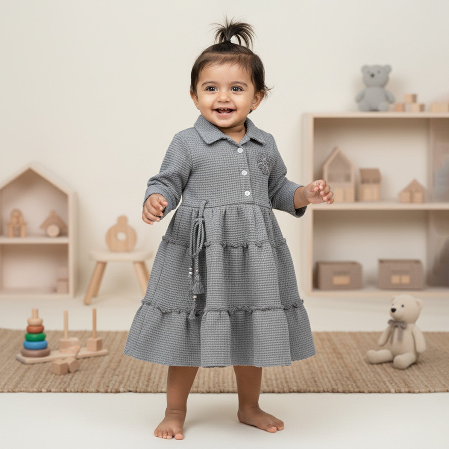 Baby Moo Woven 3/4 Sleeves Solid Coloured Tiered Dress Dress - Grey