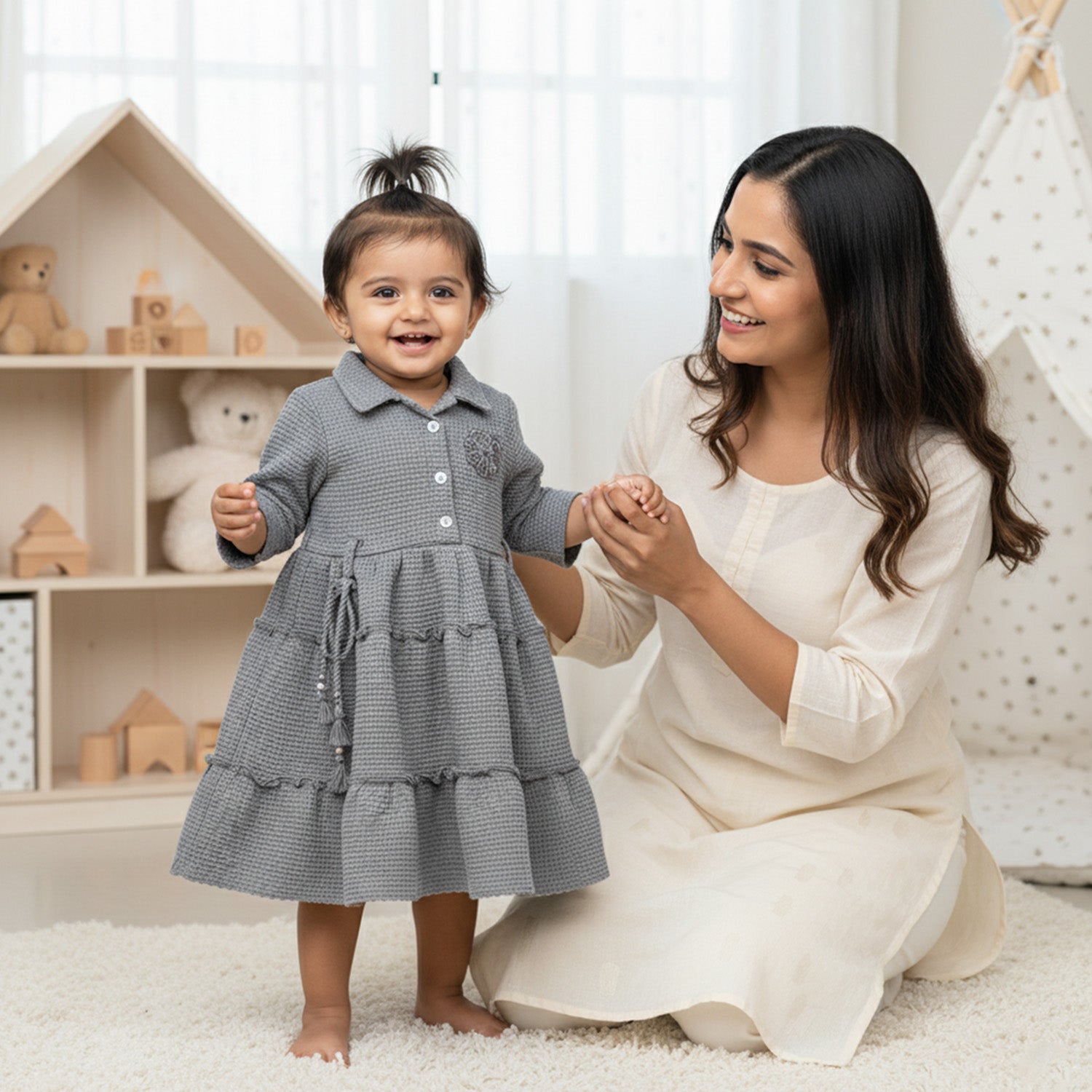 Baby Moo Woven 3/4 Sleeves Solid Coloured Tiered Dress Dress - Grey