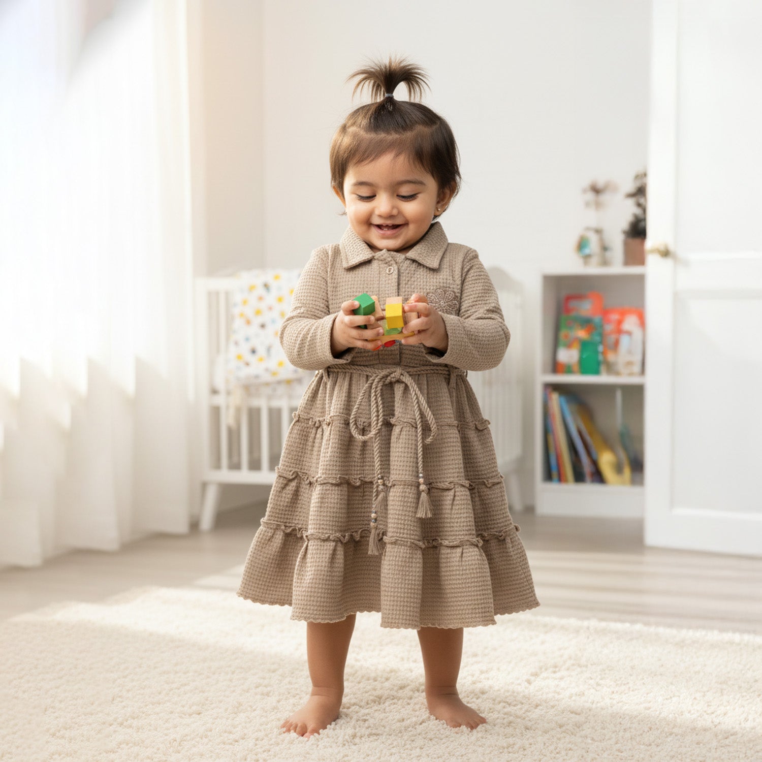 Baby Moo Woven 3/4 Sleeves Solid Coloured Tiered Dress Dress - Nude