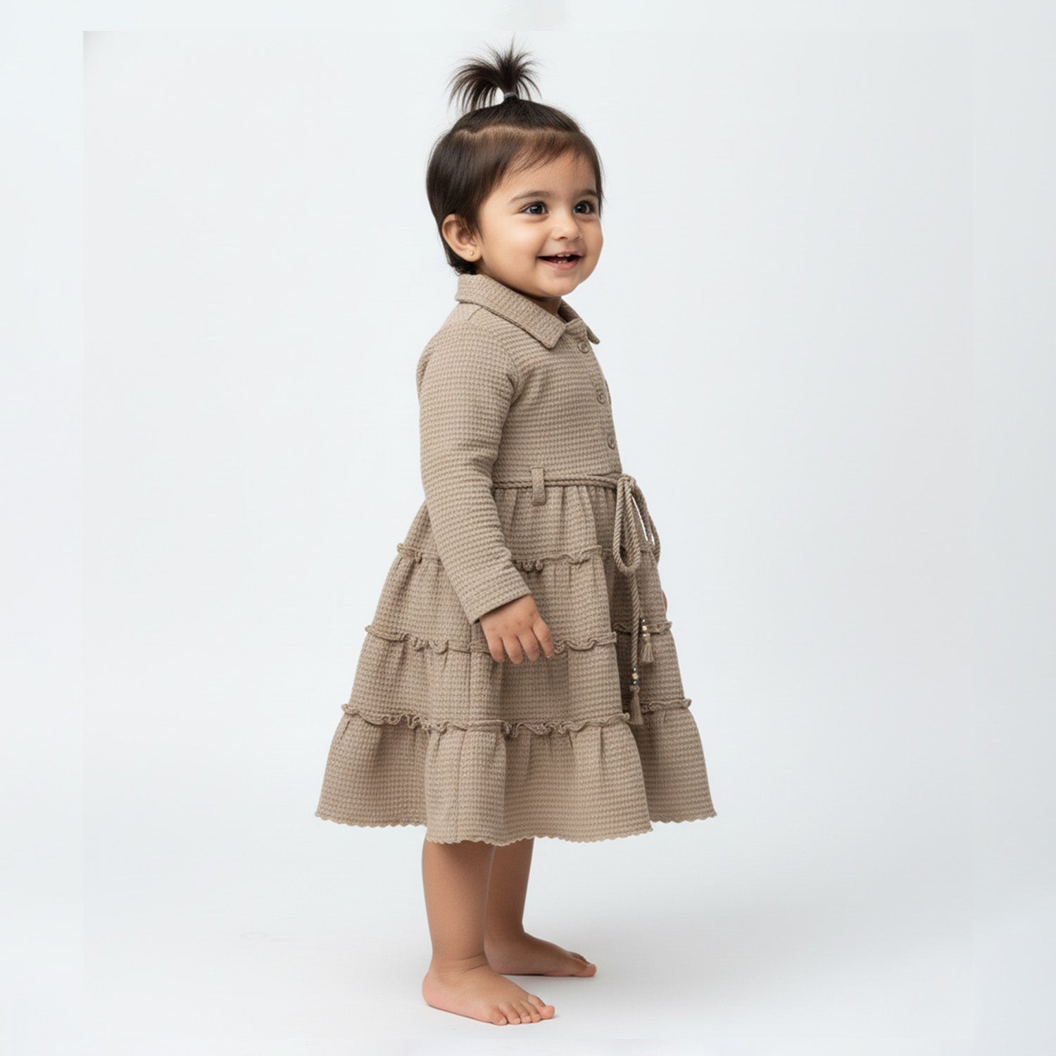 Baby Moo Woven 3/4 Sleeves Solid Coloured Tiered Dress Dress - Nude