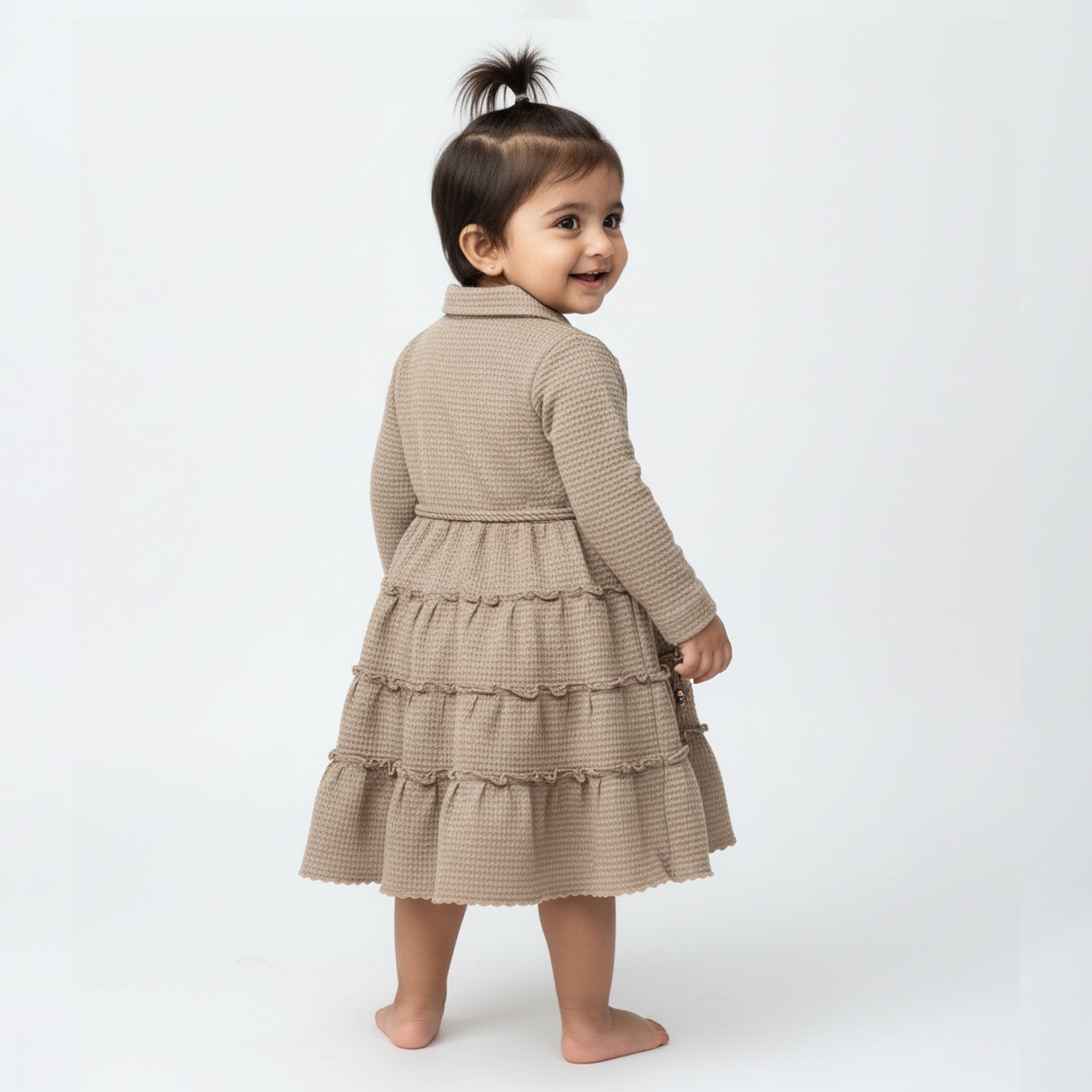 Baby Moo Woven 3/4 Sleeves Solid Coloured Tiered Dress Dress - Nude