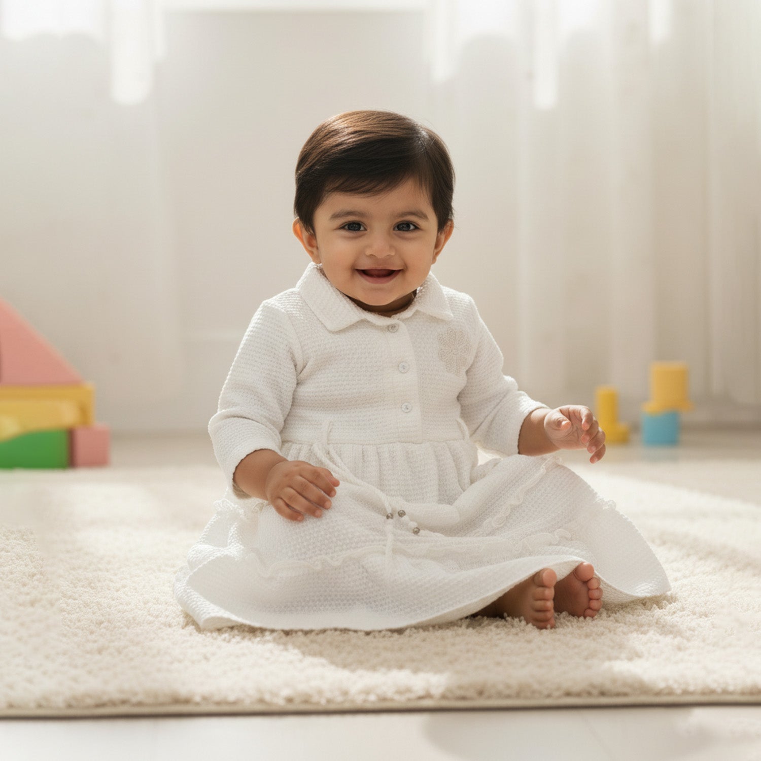 Baby Moo Woven 3/4 Sleeves Solid Coloured Tiered Dress Dress - White