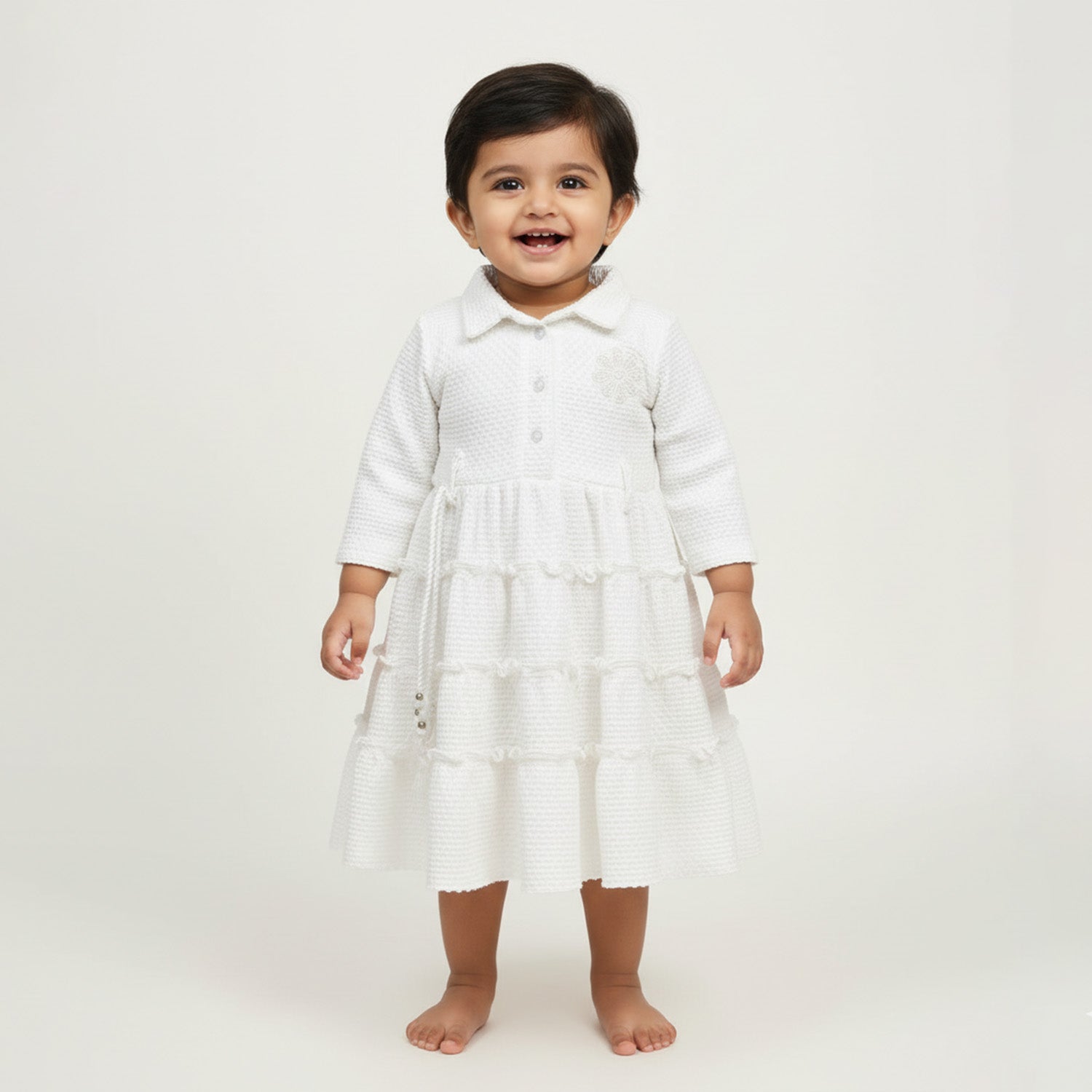 Baby Moo Woven 3/4 Sleeves Solid Coloured Tiered Dress Dress - White