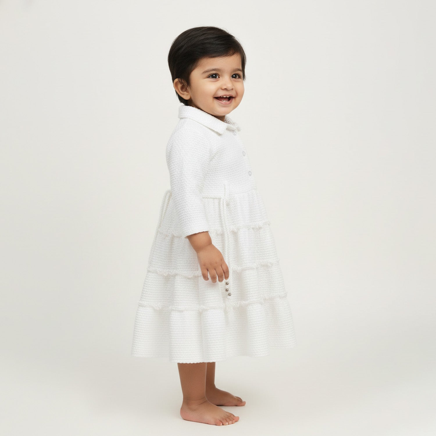 Baby Moo Woven 3/4 Sleeves Solid Coloured Tiered Dress Dress - White