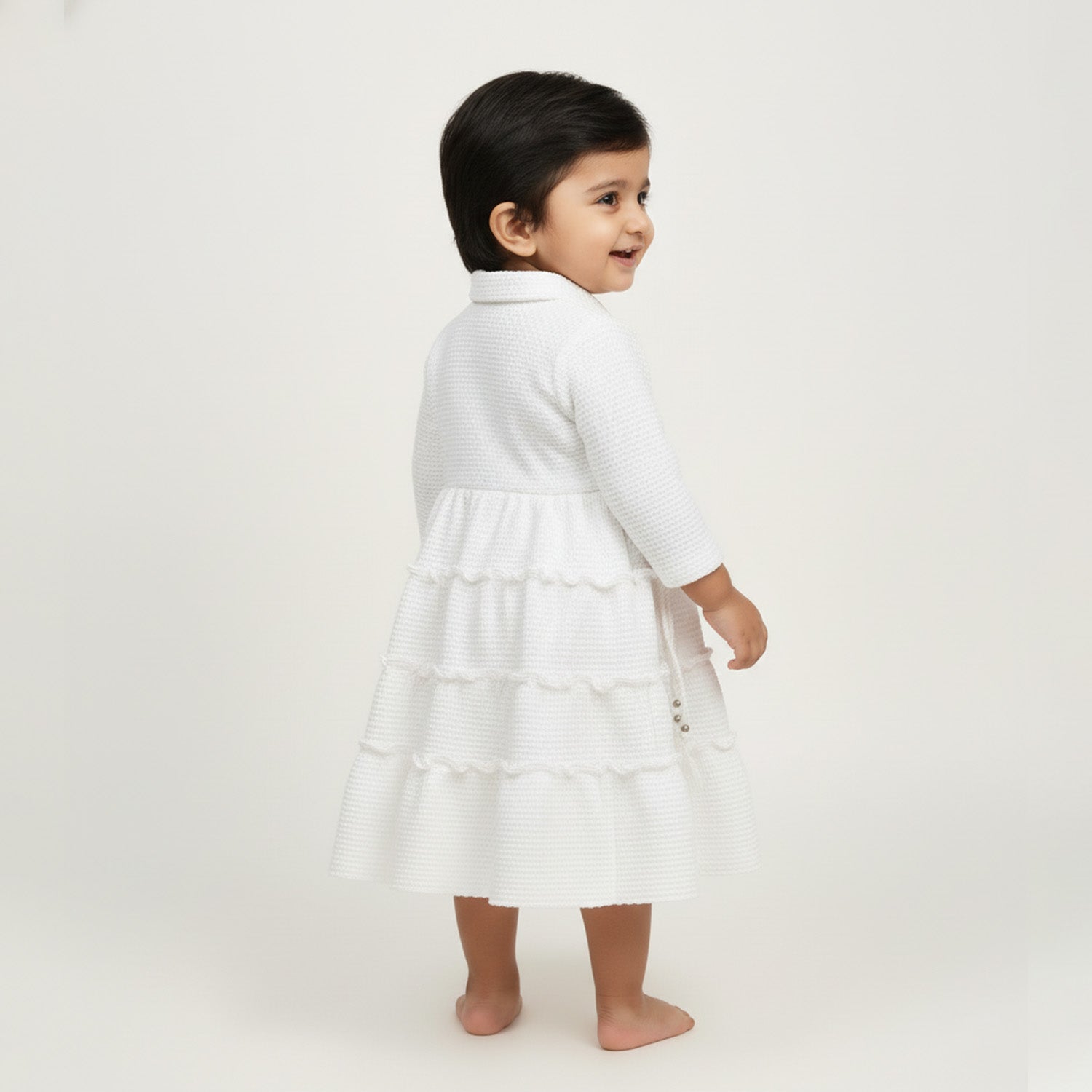 Baby Moo Woven 3/4 Sleeves Solid Coloured Tiered Dress Dress - White