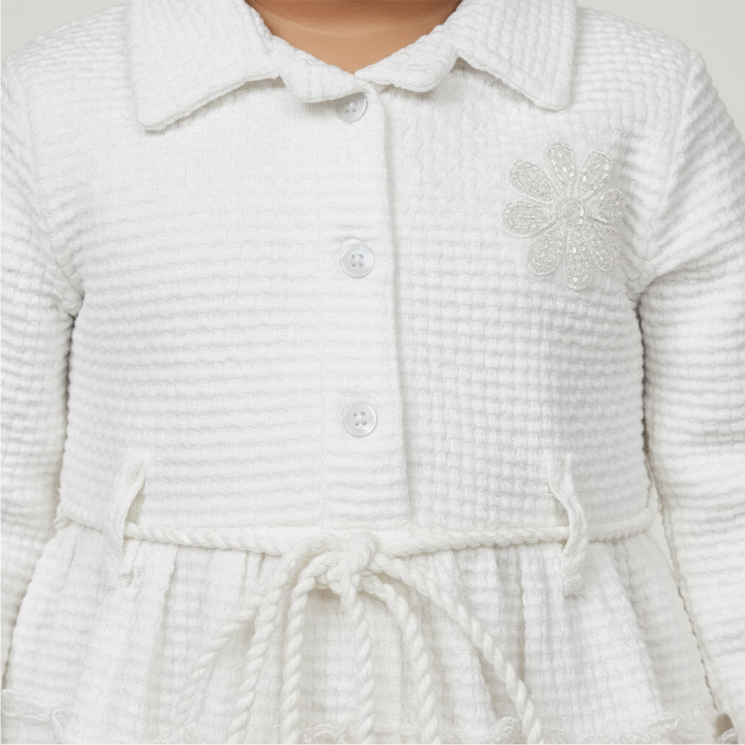 Baby Moo Woven 3/4 Sleeves Solid Coloured Tiered Dress Dress - White