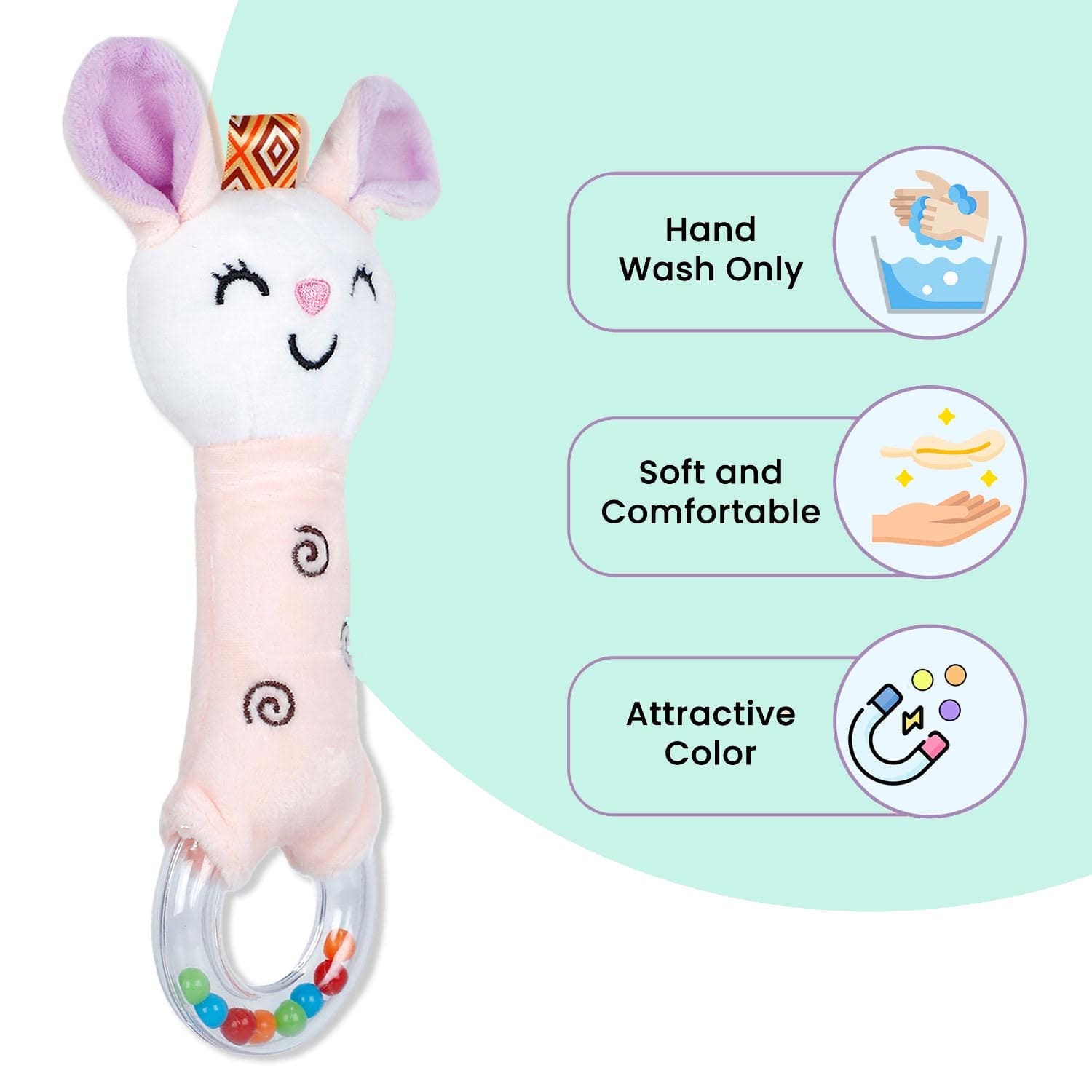 Baby Moo Gentle Bunny Squeaker Sound Handheld Rattle Toy - Peach