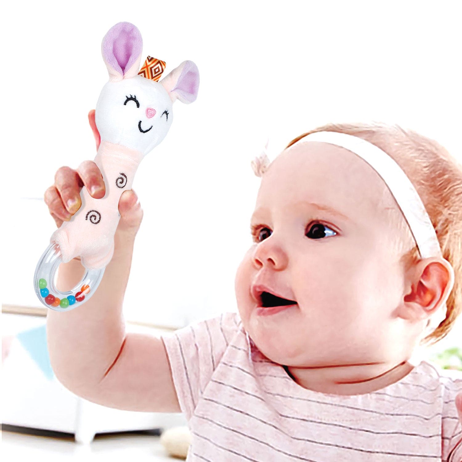Baby Moo Gentle Bunny Squeaker Sound Handheld Rattle Toy - Peach