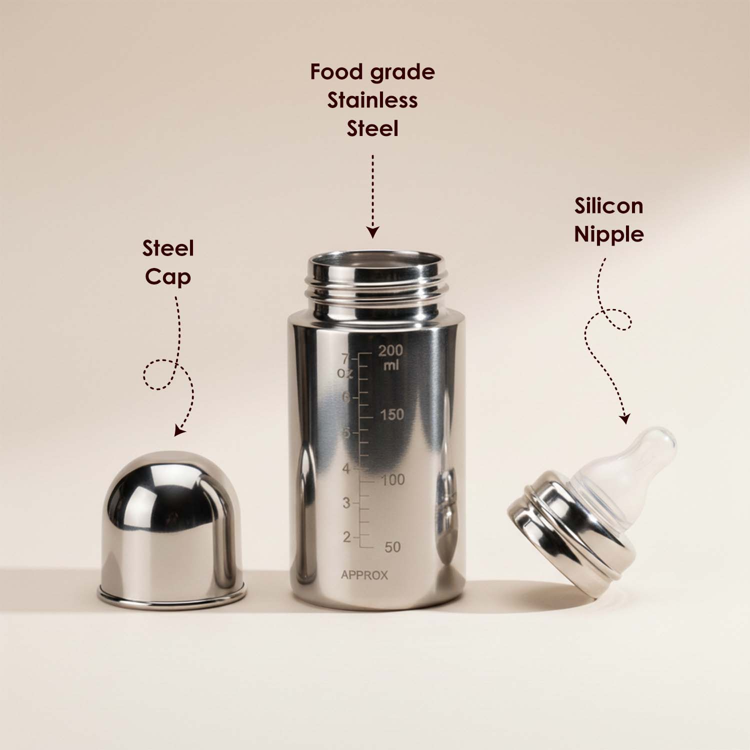 Baby Moo Stainless Steel Feeding Bottle Silver 200 ml