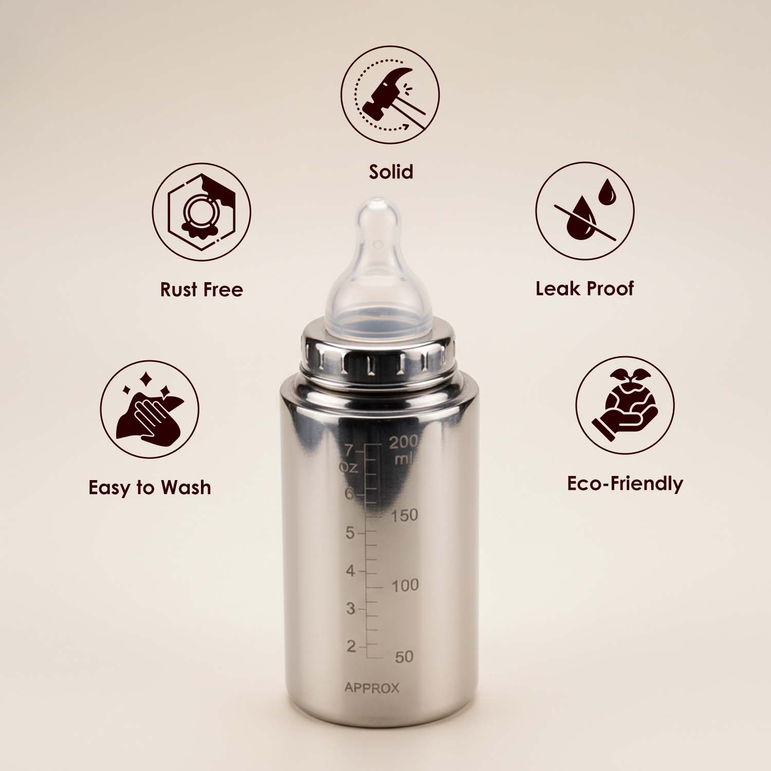 Baby Moo Stainless Steel Feeding Bottle Silver 200 ml