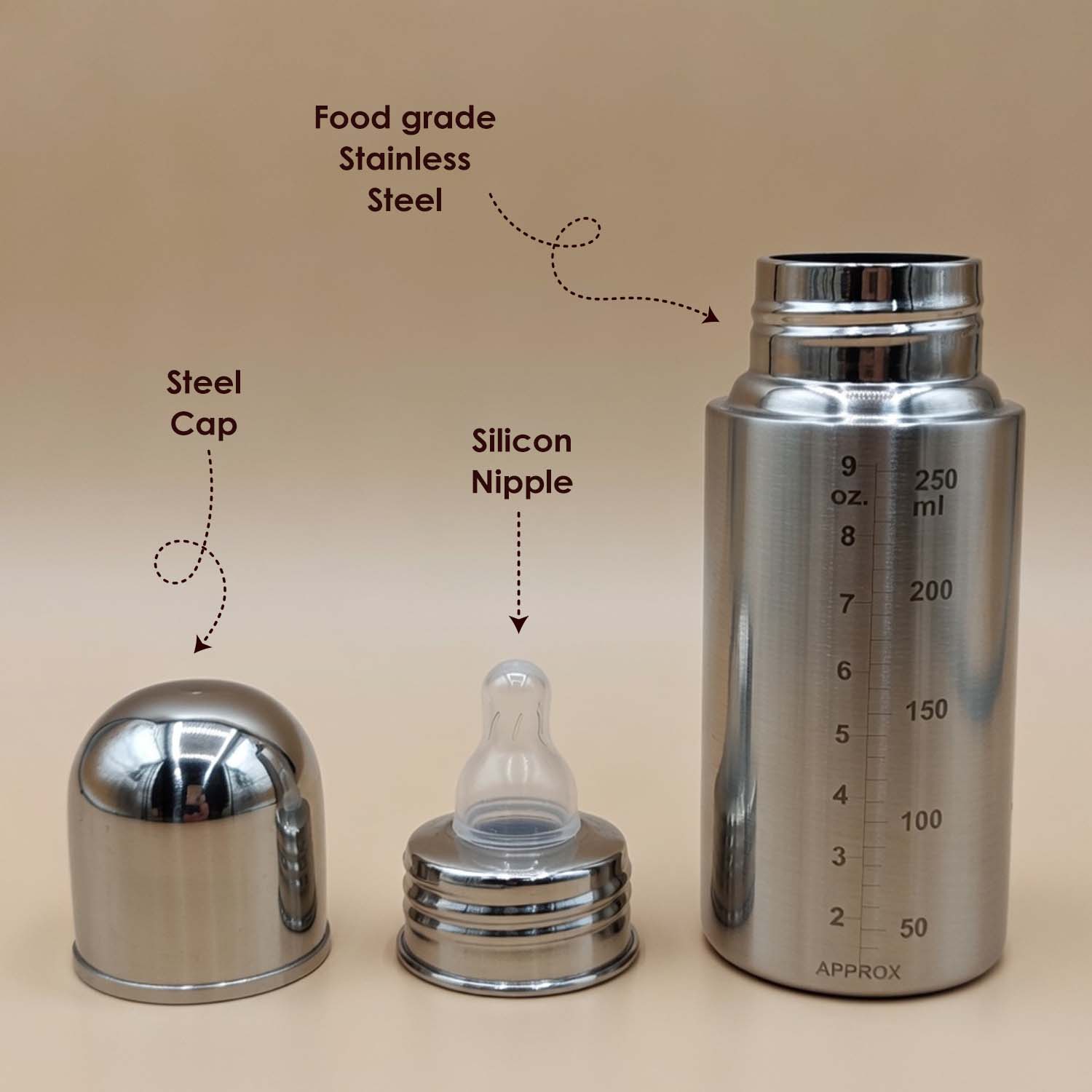 Baby Moo Stainless Steel Feeding Bottle Silver 250 ml