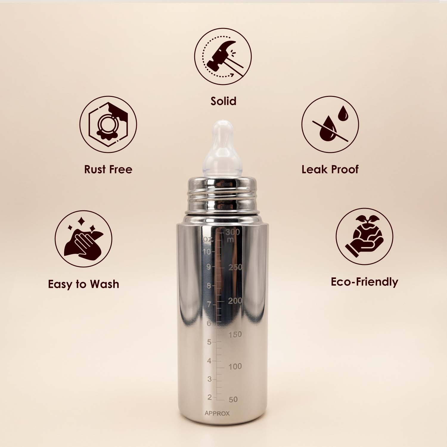 Baby Moo Stainless Steel Feeding Bottle Silver 300 ml