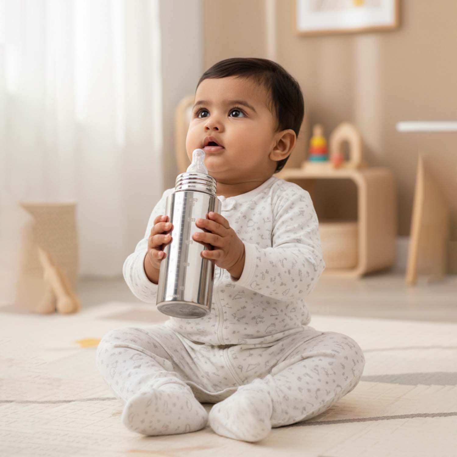 Baby Moo Stainless Steel Feeding Bottle Silver 300 ml