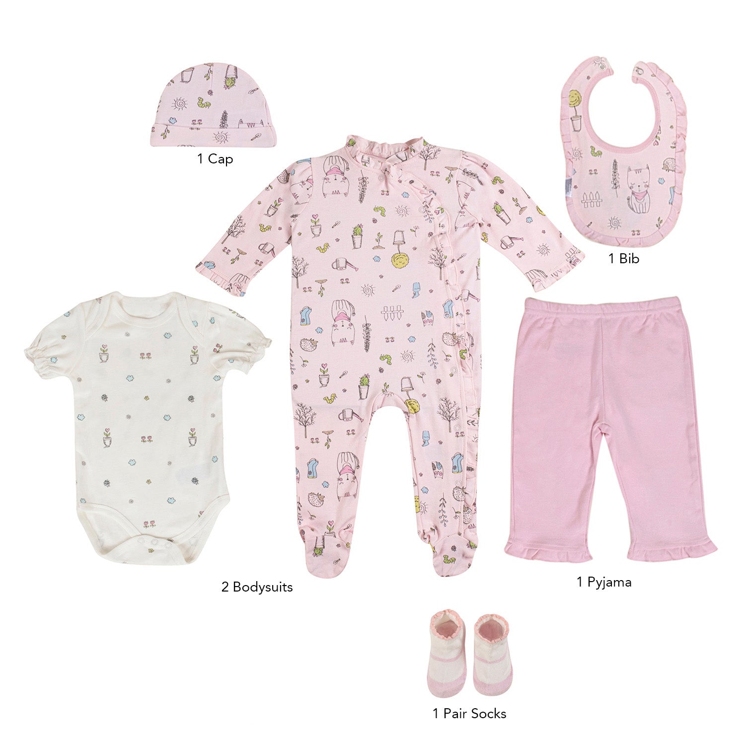 Baby Moo Floral Kitty Gift Set 6 Piece With Bodysuits, Pyjama, Cap, Bib And Socks - Pink