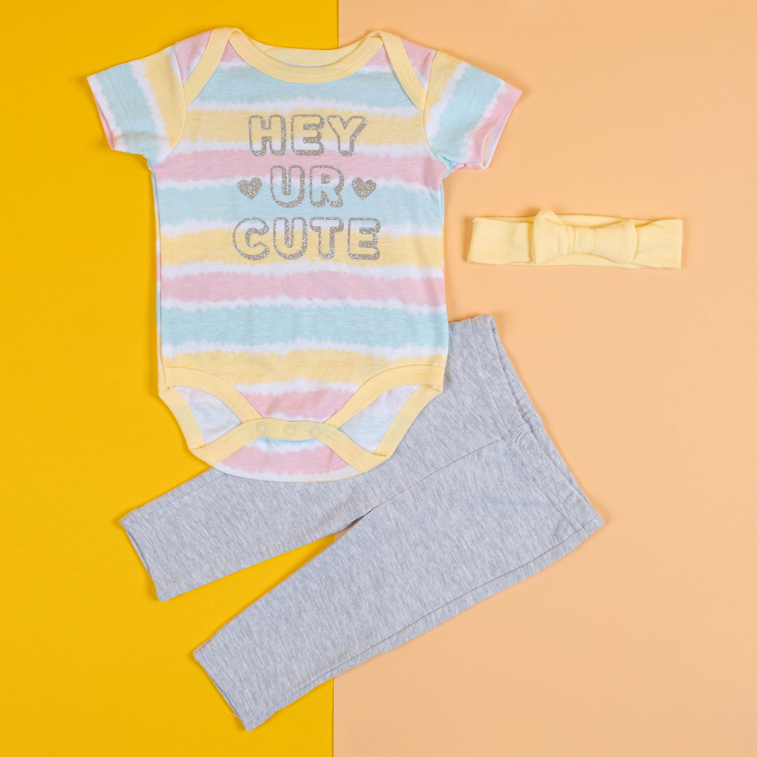Baby Moo Hey Cutie Gift Set 3 Piece With Bodysuit, Leggings And Headband - Yellow, Grey