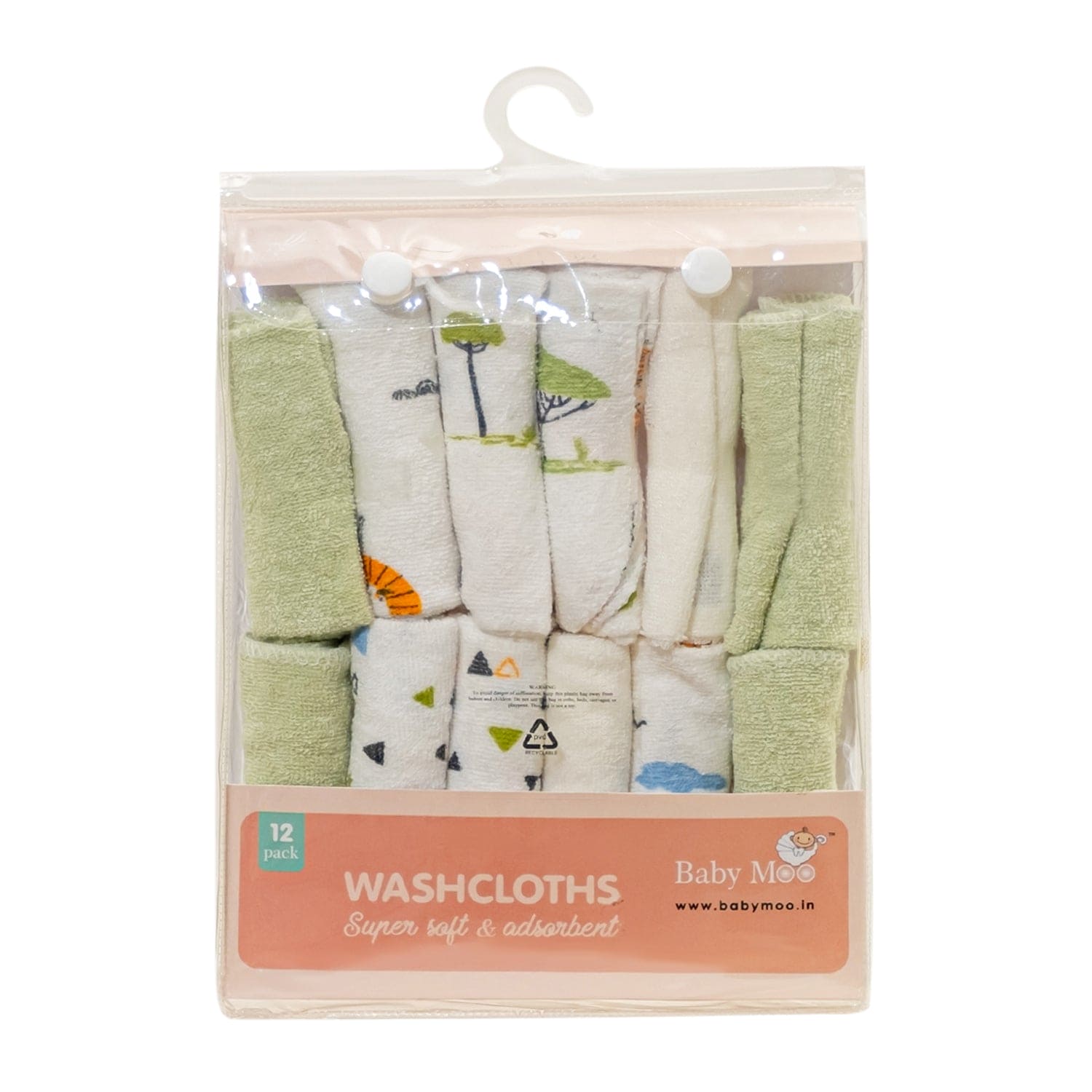 Baby Moo Little Blossoms Soft And Absorbent Handkerchief Napkins For Infant Face And Body Pack Of 12 Wash Cloth - Green