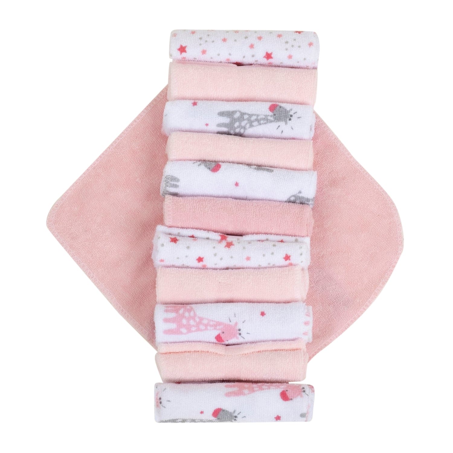 Baby Moo Star And Giraffe Soft And Absorbent Handkerchief Napkins For Infant Face And Body Pack Of 12 Wash Cloth - Pink