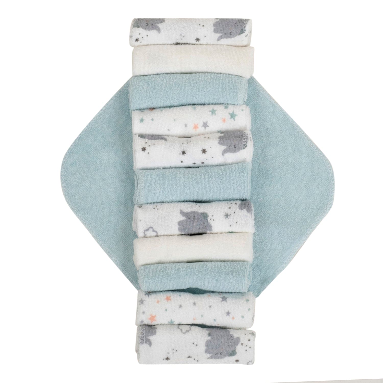 Baby Moo Elephant And Star Soft And Absorbent Handkerchief Napkins For Infant Face And Body Pack Of 12 Wash Cloth - Blue