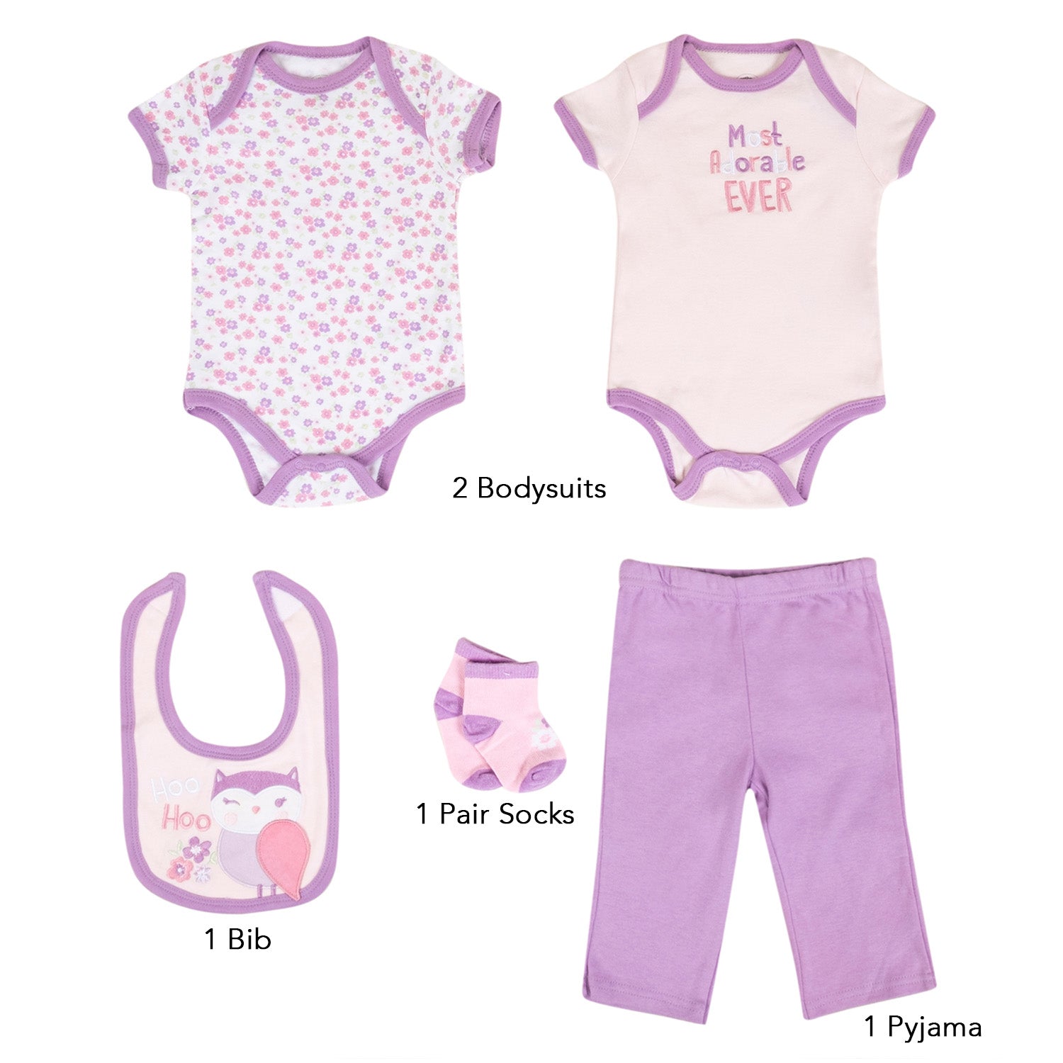 Baby Moo Adorable Gift Set 5 Piece With Bodysuits, Pyjama, Bib And Socks - Purple