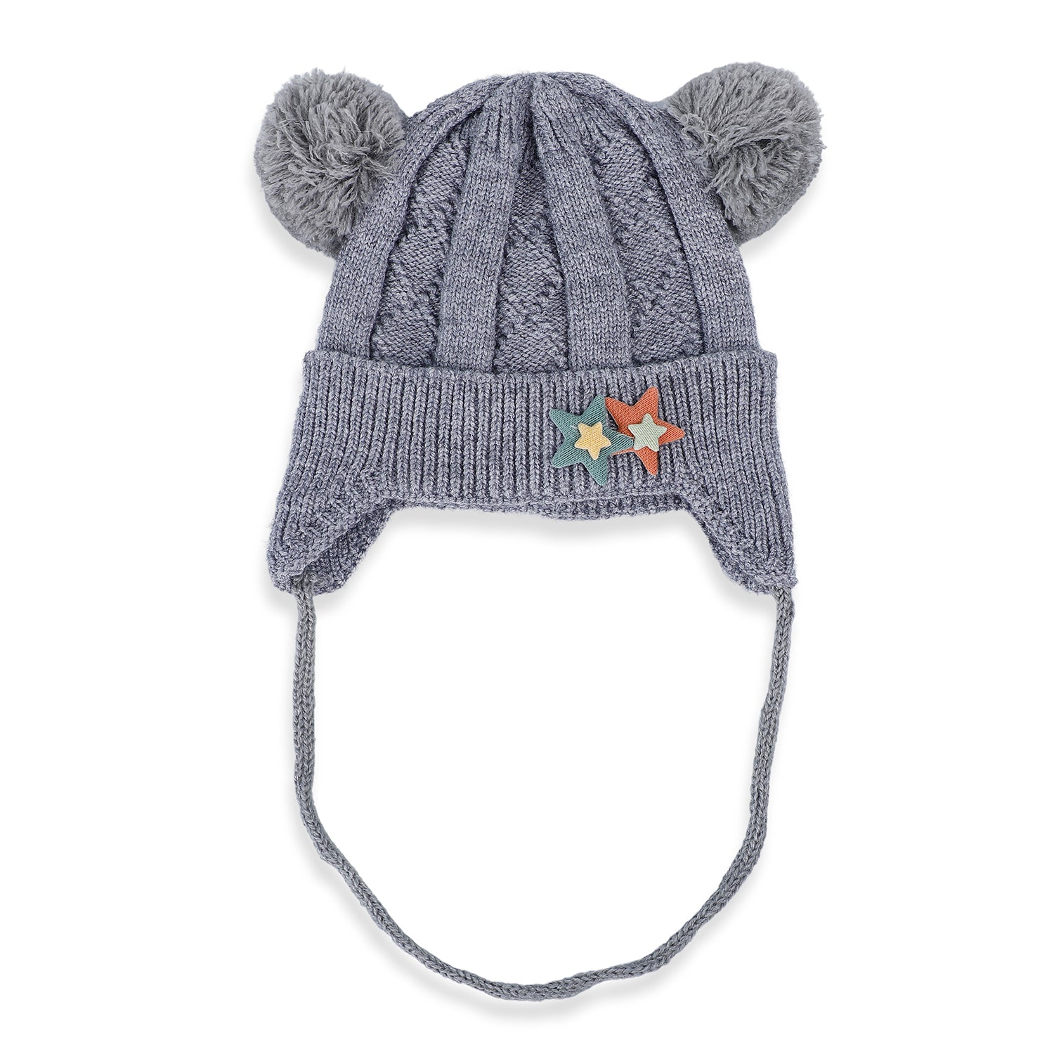 Knit Woollen Cap With Tie For Ear Cover Starry Pom Pom Grey - Baby Moo