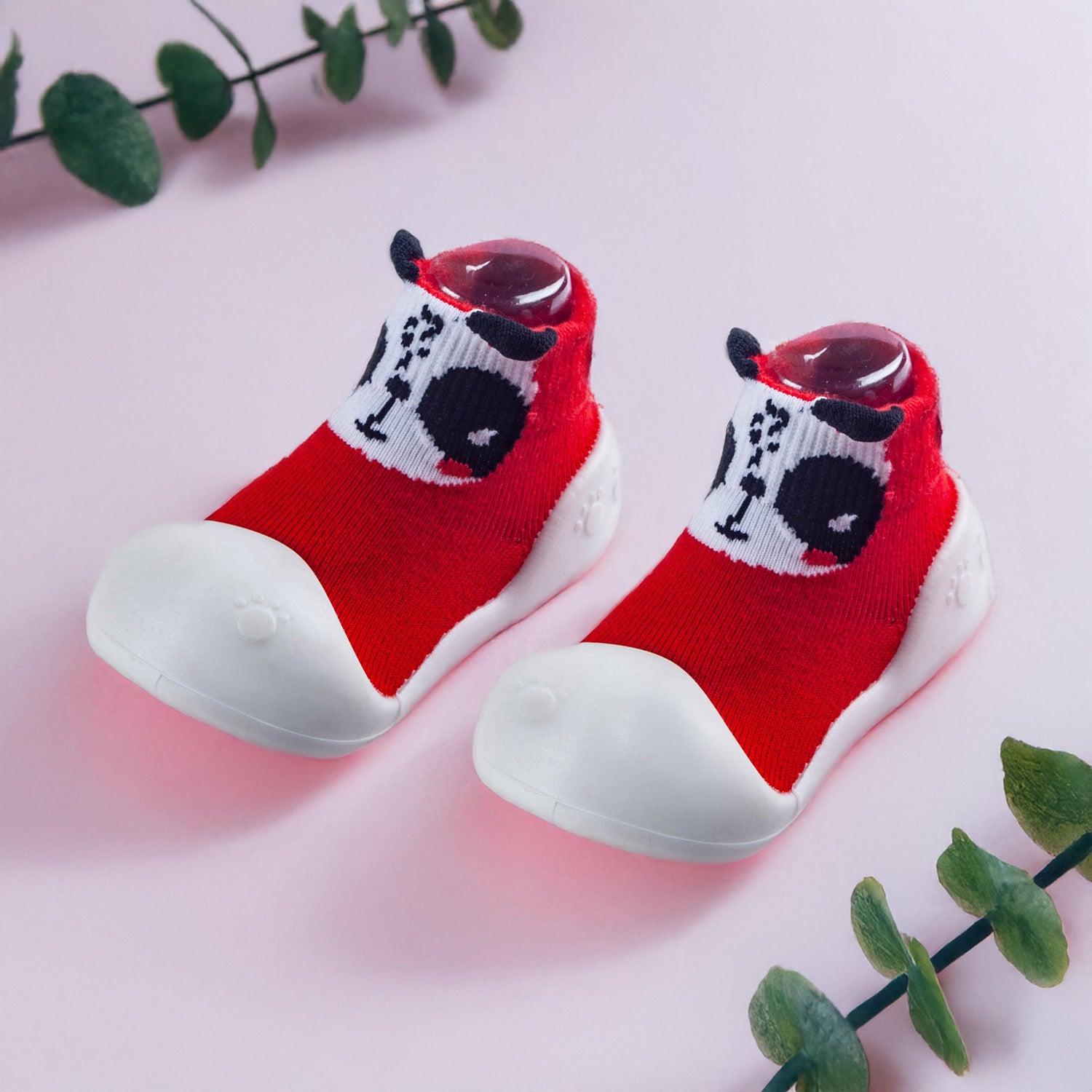Newborn Anti-Skid Rubber Sole Slip-On Shoes Panda - Red