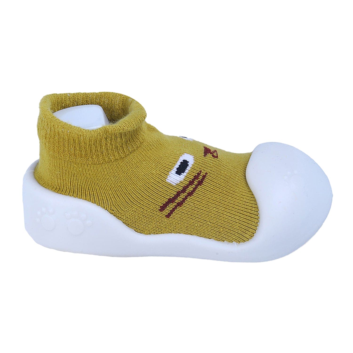 Baby Moo Curious Cat Face Rubber Comfortable Sole Slip-On Sock Shoes - Mustard