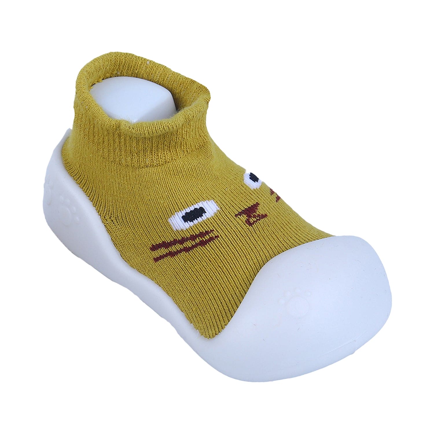 Baby Moo Curious Cat Face Rubber Comfortable Sole Slip-On Sock Shoes - Mustard
