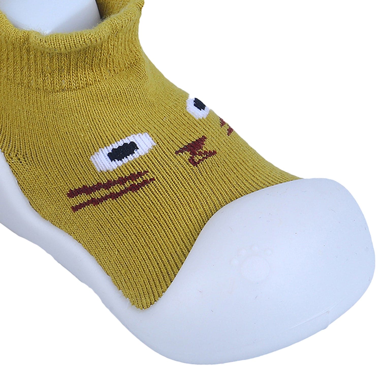 Baby Moo Curious Cat Face Rubber Comfortable Sole Slip-On Sock Shoes - Mustard
