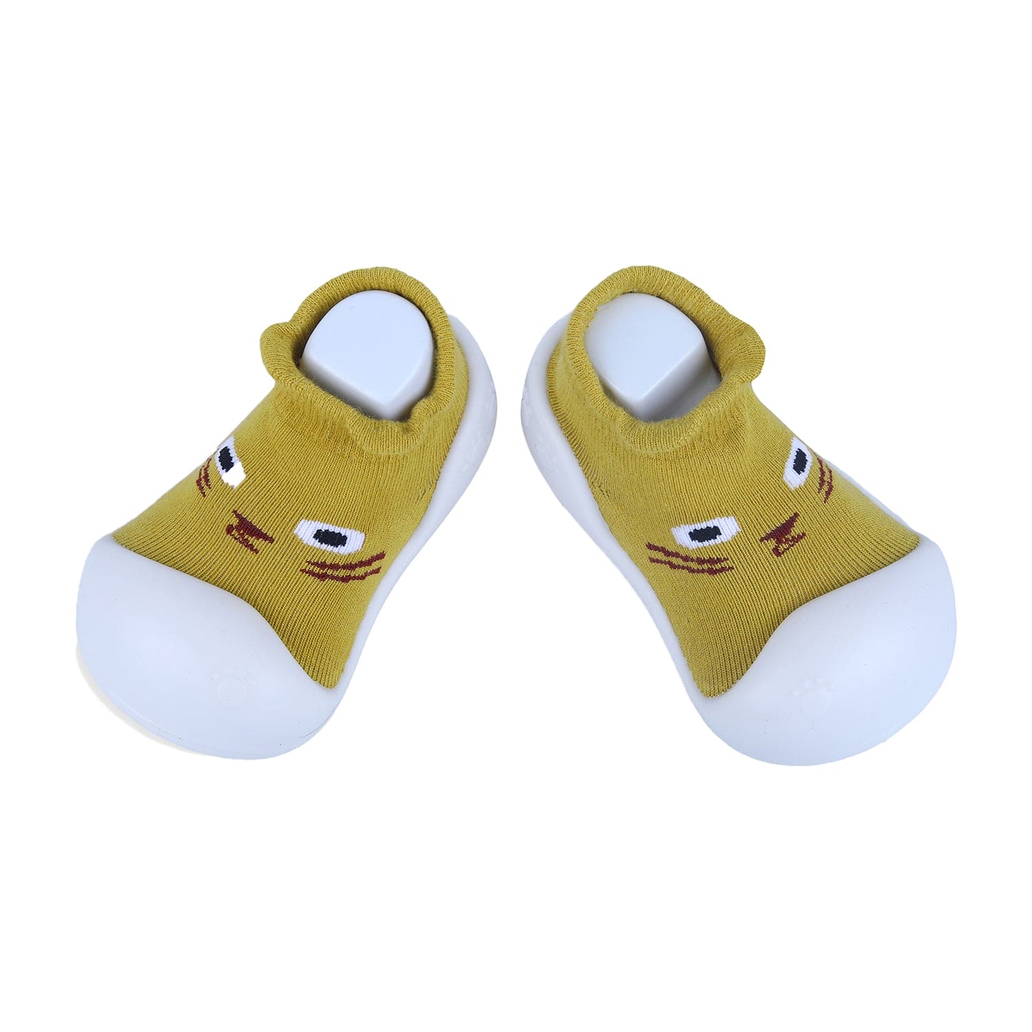Baby Moo Curious Cat Face Rubber Comfortable Sole Slip-On Sock Shoes - Mustard