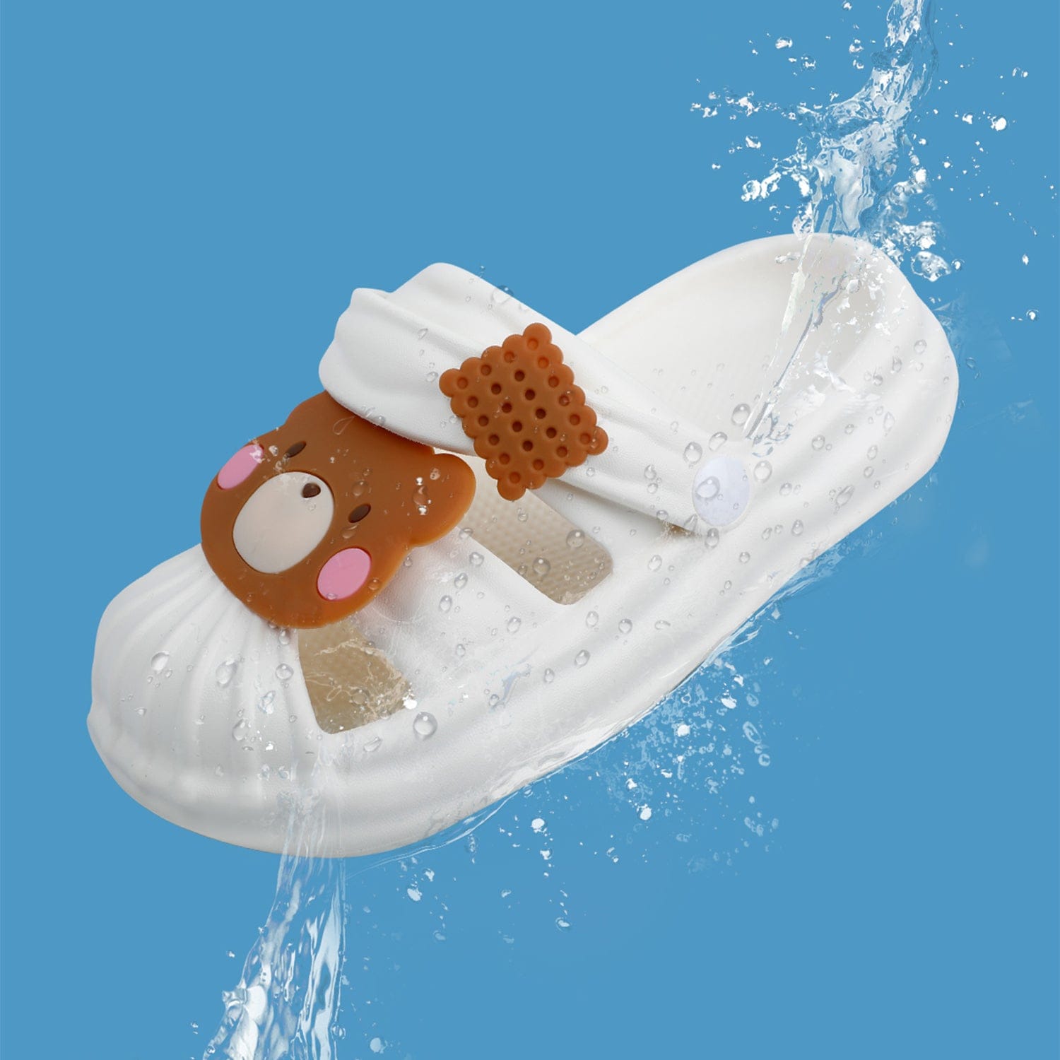 Baby Moo Teddy Bear Applique Waterproof Anti-Skid Sling Back Clogs - White - Baby Moo