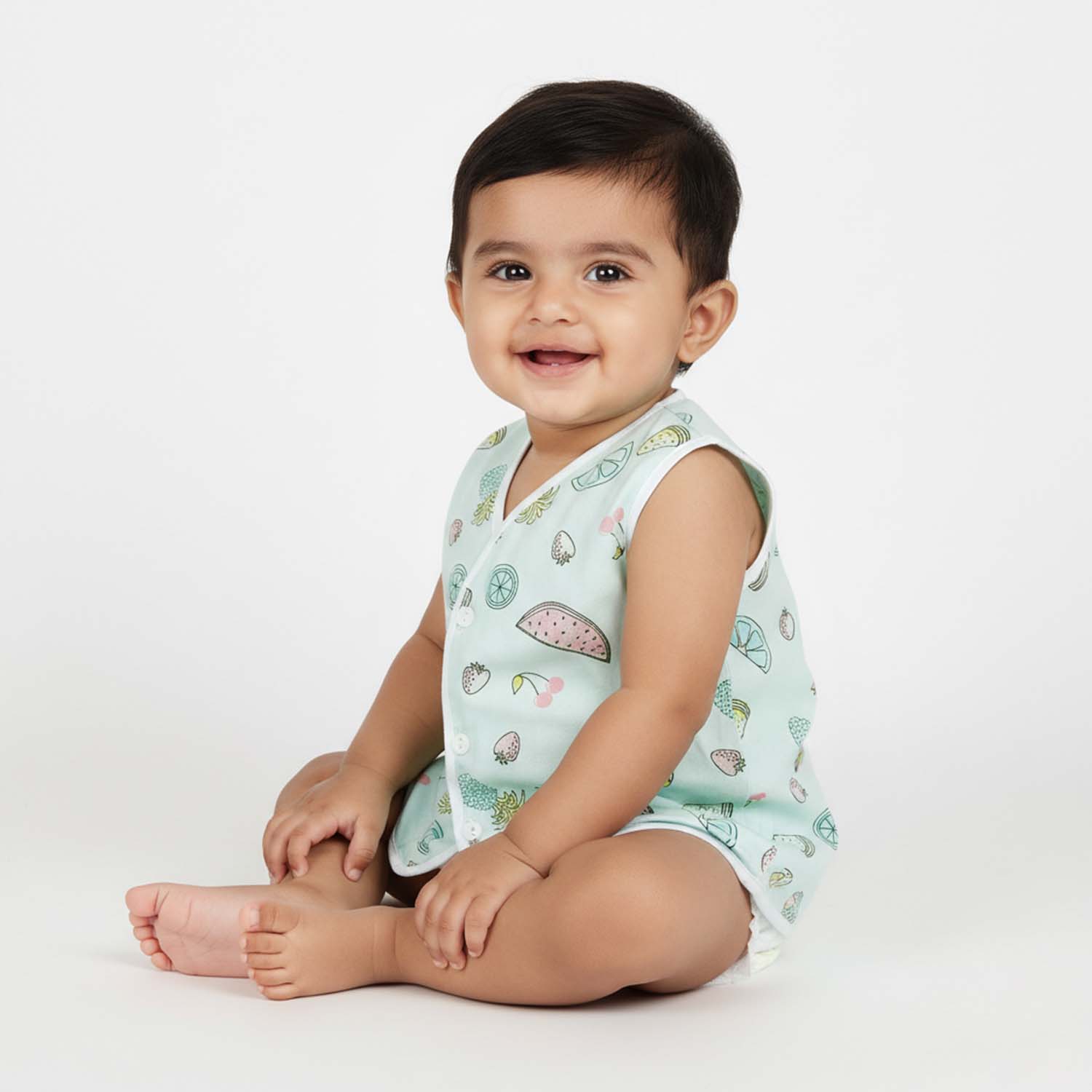 Baby Moo Car And Fruit Print V-Neck Sleeveless Front Opening Button Cotton Jhablas 5 Pcs - Yellow, Multicolour