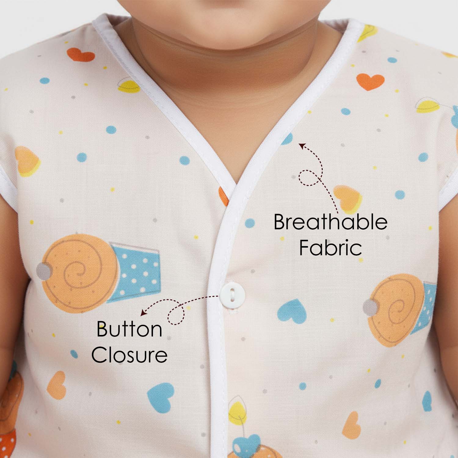 Baby Moo Car And Fruit Print V-Neck Sleeveless Front Opening Button Cotton Jhablas 5 Pcs - Yellow, Multicolour