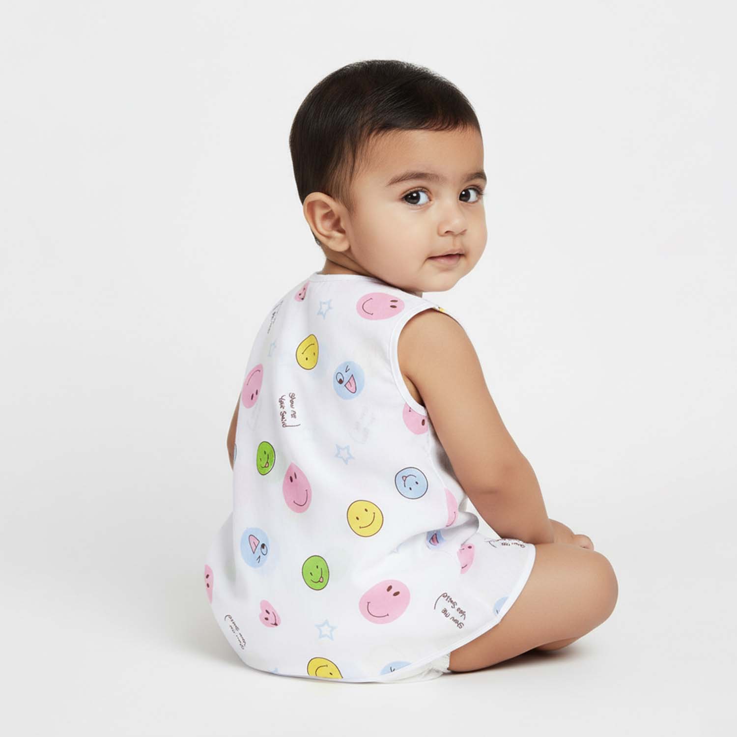 Baby Moo Smiling Stars Printed V-Neck Sleeveless Front Opening Button Cotton Jhablas 5 Pcs - Yellow, Multicolour