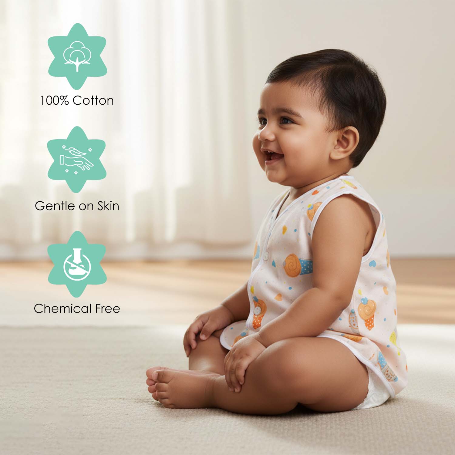 Baby Moo Sugar Rush Multi Print V-Neck Sleeveless Front Opening Button Cotton Jhablas 5 Pcs - Pink, Multicolour