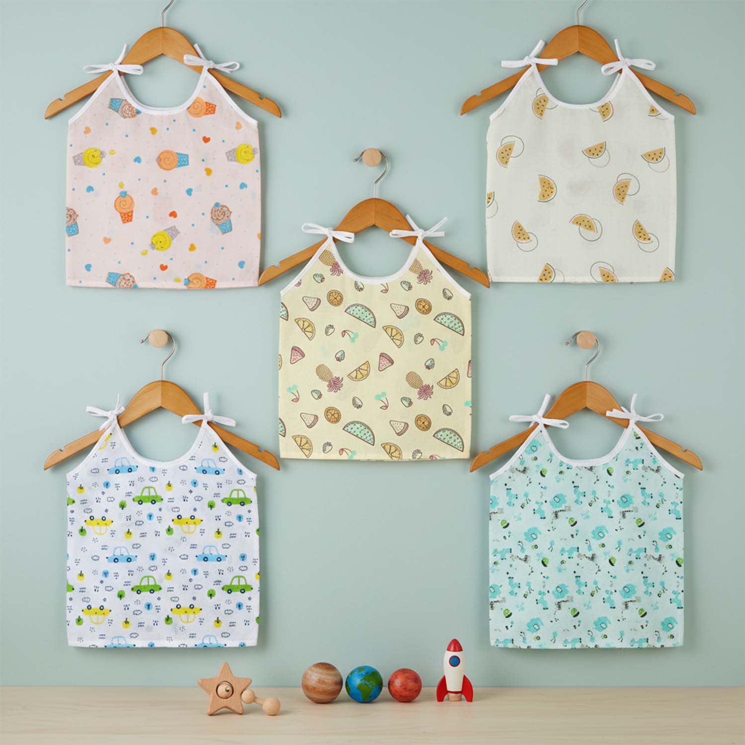 Baby Moo Car And Nature Theme Round Neck Sleeveless Tie Knot Cotton Jhablas 5 Pcs - Yellow, Multicolour