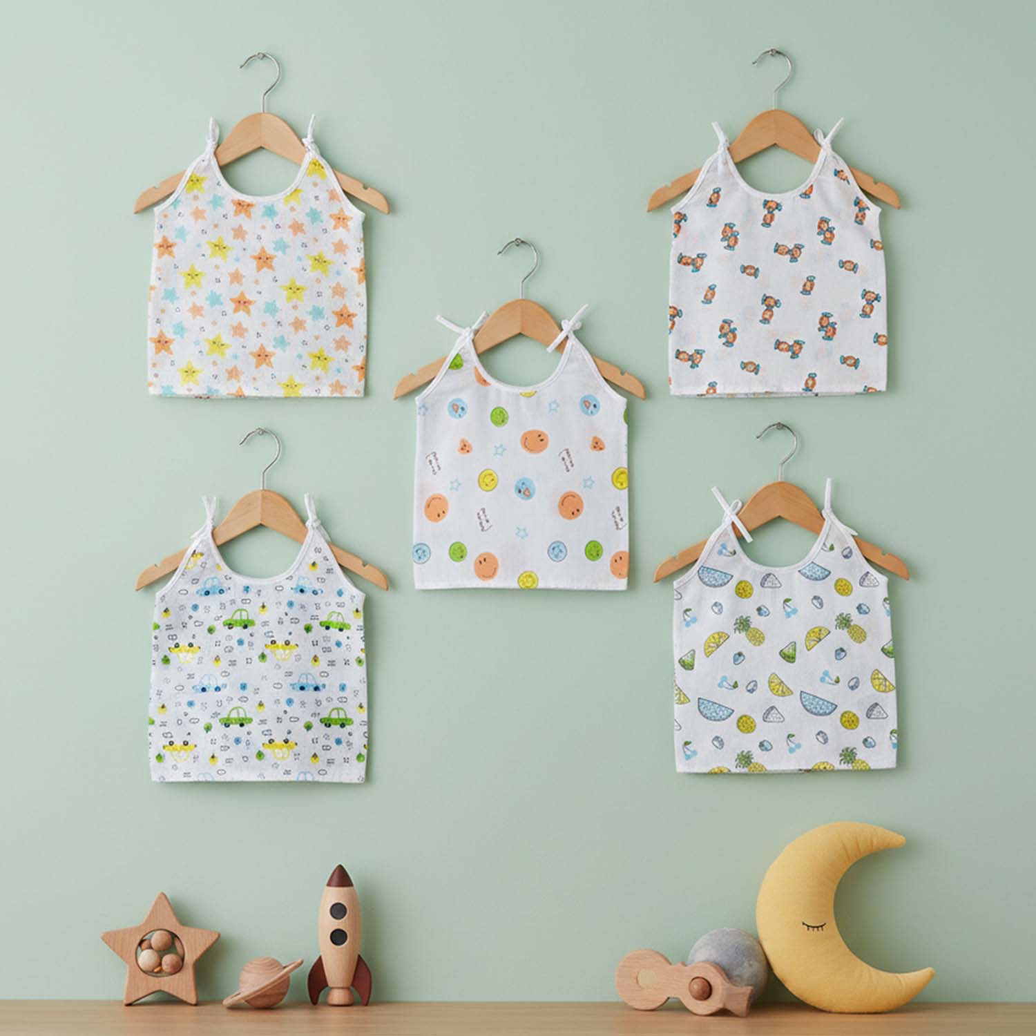Baby Moo Cars And Stars Round Neck Sleeveless Tie Knot Cotton Jhablas 5 Pcs - Green, Multicolour