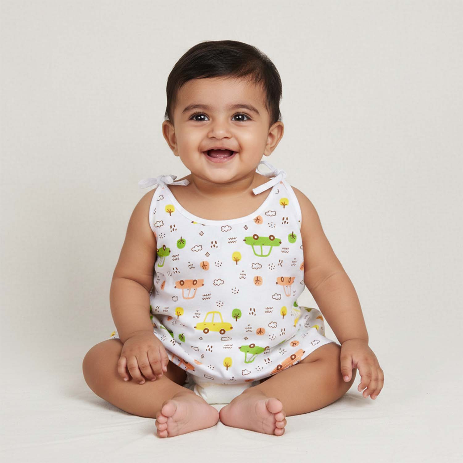 Baby Moo Happy Sweet Stars Round Neck Sleeveless Tie Knot Cotton Jhablas 5 Pcs - Orange, Multicolour